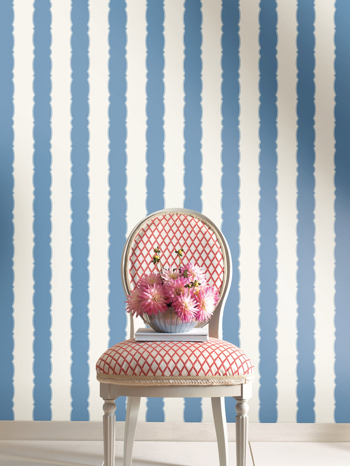 Scalloped Stripe Blue Wallpaper, by York Wall, 27' length x 2'3" width x 0.02" depth View 2