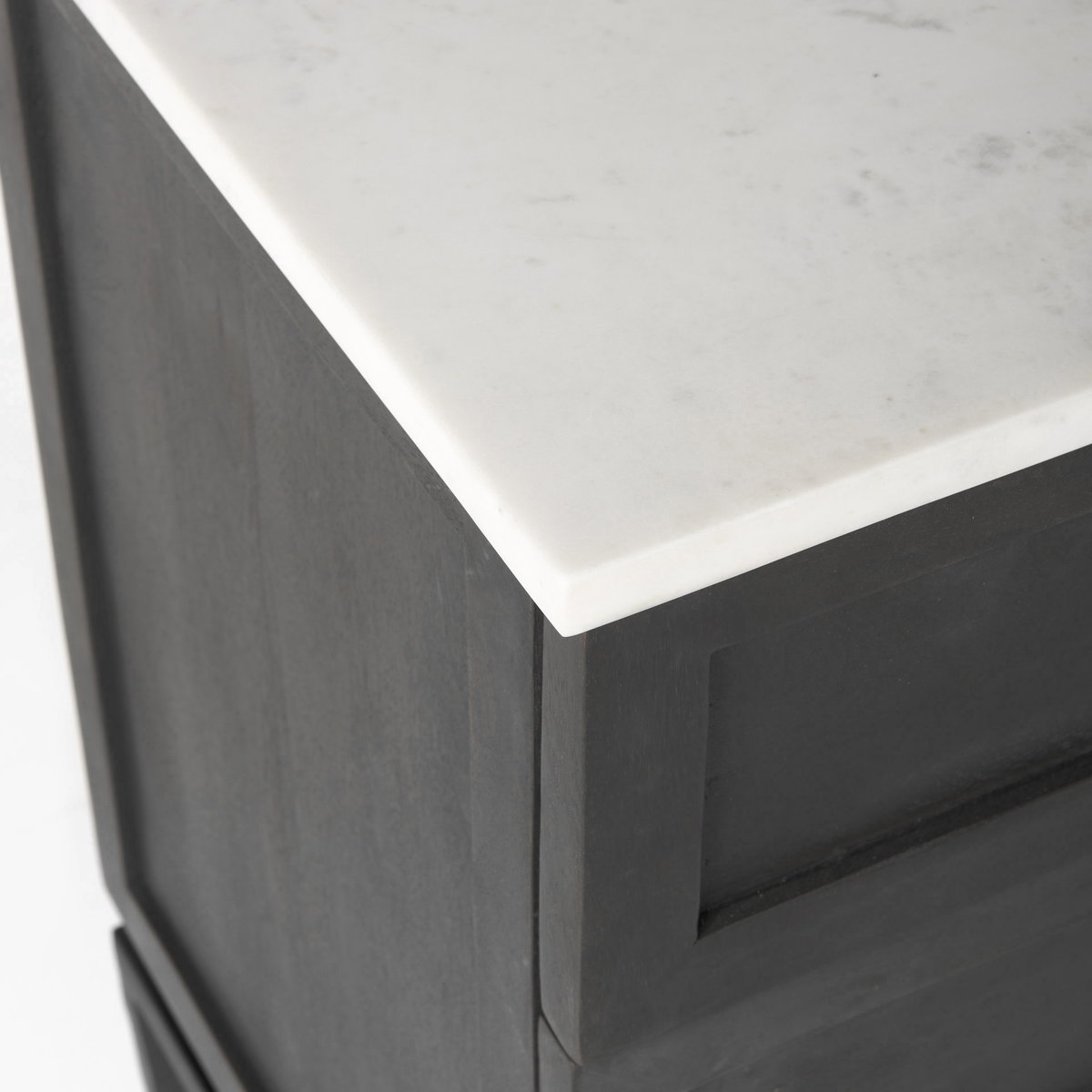 Divina Black-Brown Wood with White Marble Top and Black Metal Base Accent Cabinet, Cabinets & Chest by Mercana, 36" length x 18.5" width x 32" height View 9