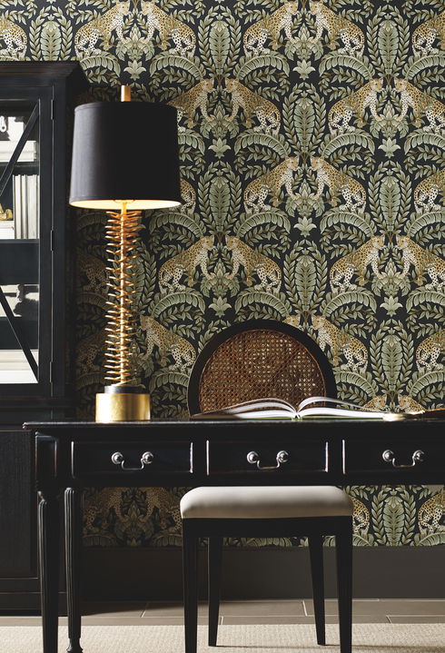 Jungle Leopard Black & Green Wallpaper