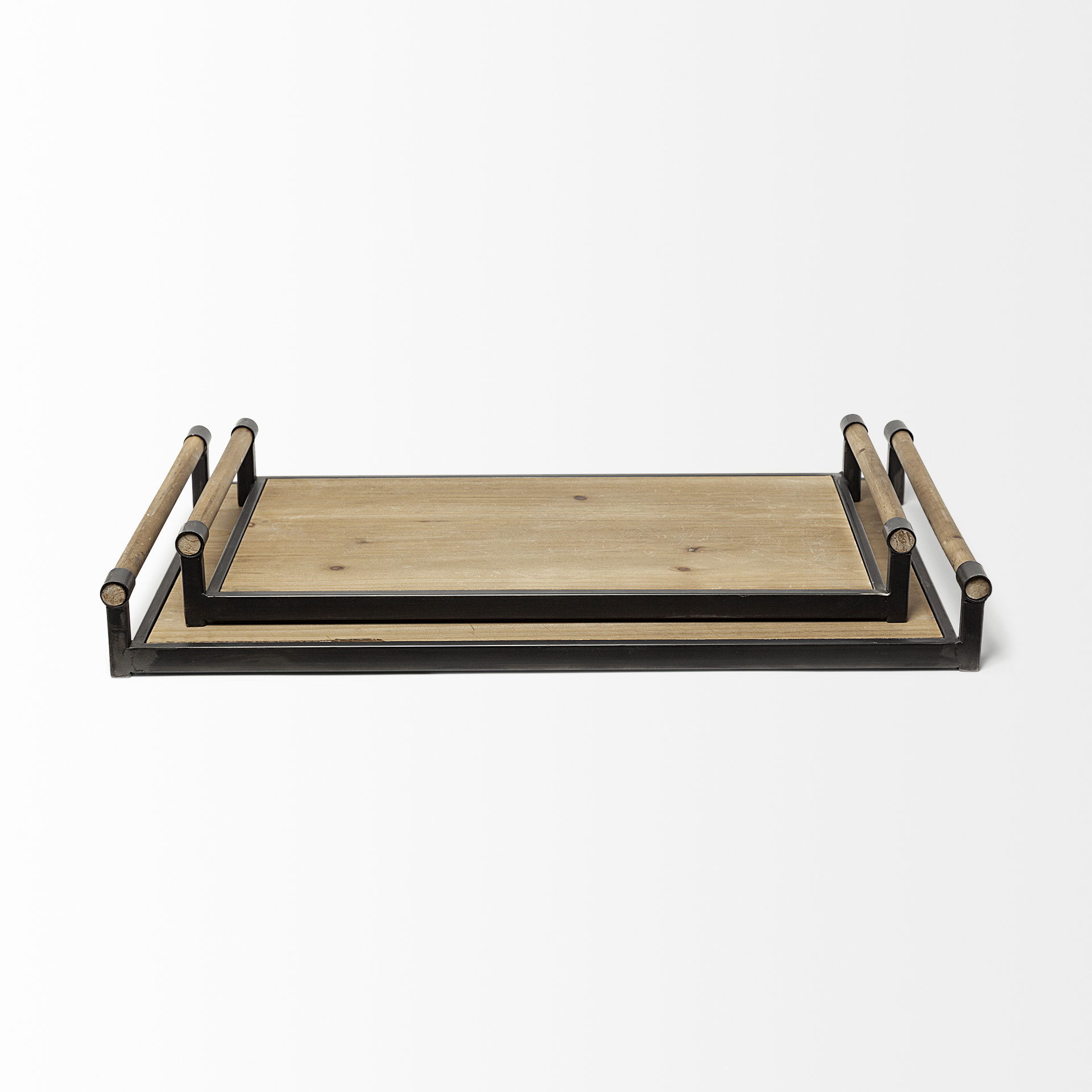 Benson Set of 2 Brown Wood Black Metal Trays, Decorative Tray by Mercana, 26" length x 15.75" width x 3.15" height View 3