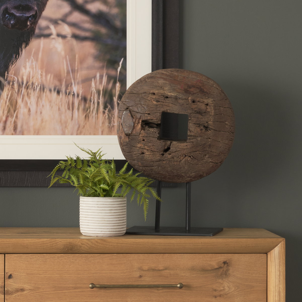 Incana 20L x 4W Natural Brown Reclaimed Wood Wheel Object, Decorative Object by Mercana, 20" length x 4" width x 26" height View 3