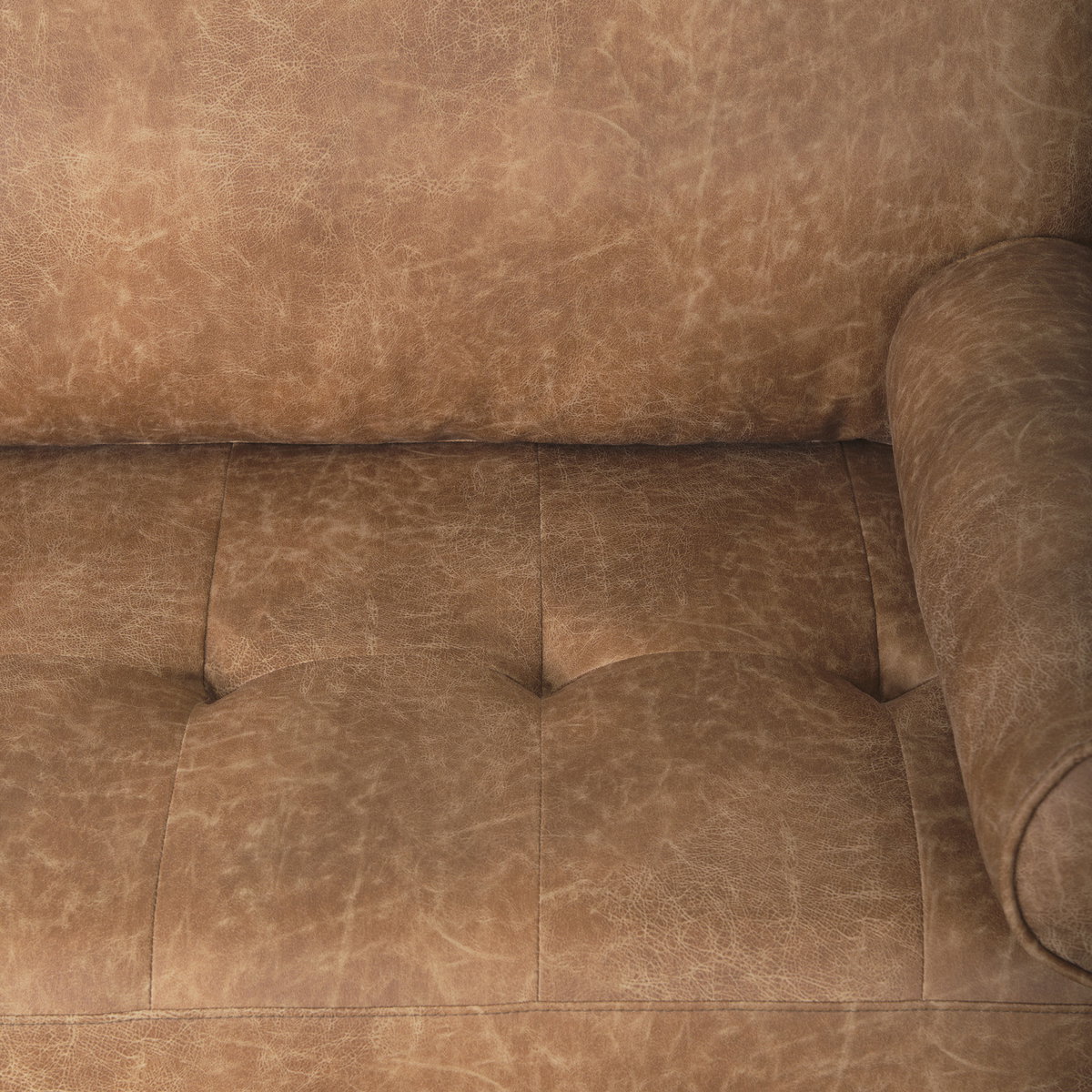 Loretta  Cognac Brown Faux Leather Three Seater Sofa with Two Bolster Cushions, Sofas & Sectional by Mercana, 87.99" length x 36.22" width x 33.86" height View 10