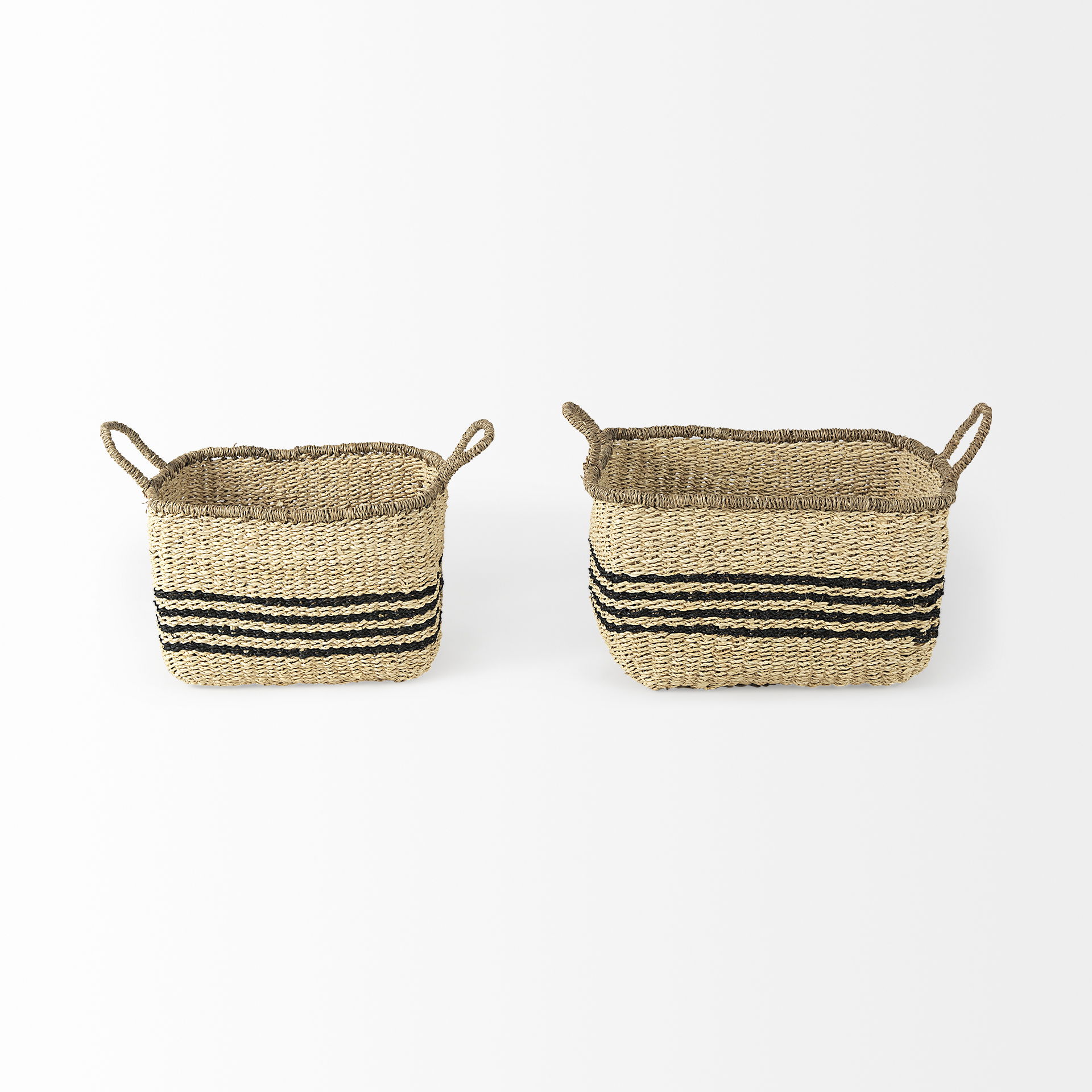Emma  (Set of 2) Light Brown Seagrass Rectangular Basket with Black Stripes, Bins & Basket by Mercana, 17.32" length x 12.99" width x 11.02" height View 2
