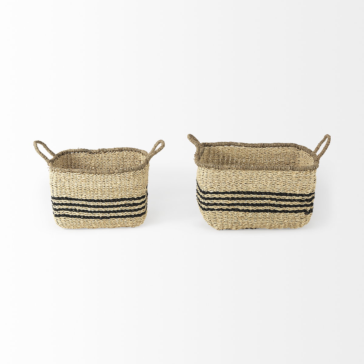 Emma (Set of 2) Light Brown Seagrass Rectangular Basket with Black Stripes, Bins & Basket by Mercana, 17.32" length x 12.99" width x 11.02" height View 2