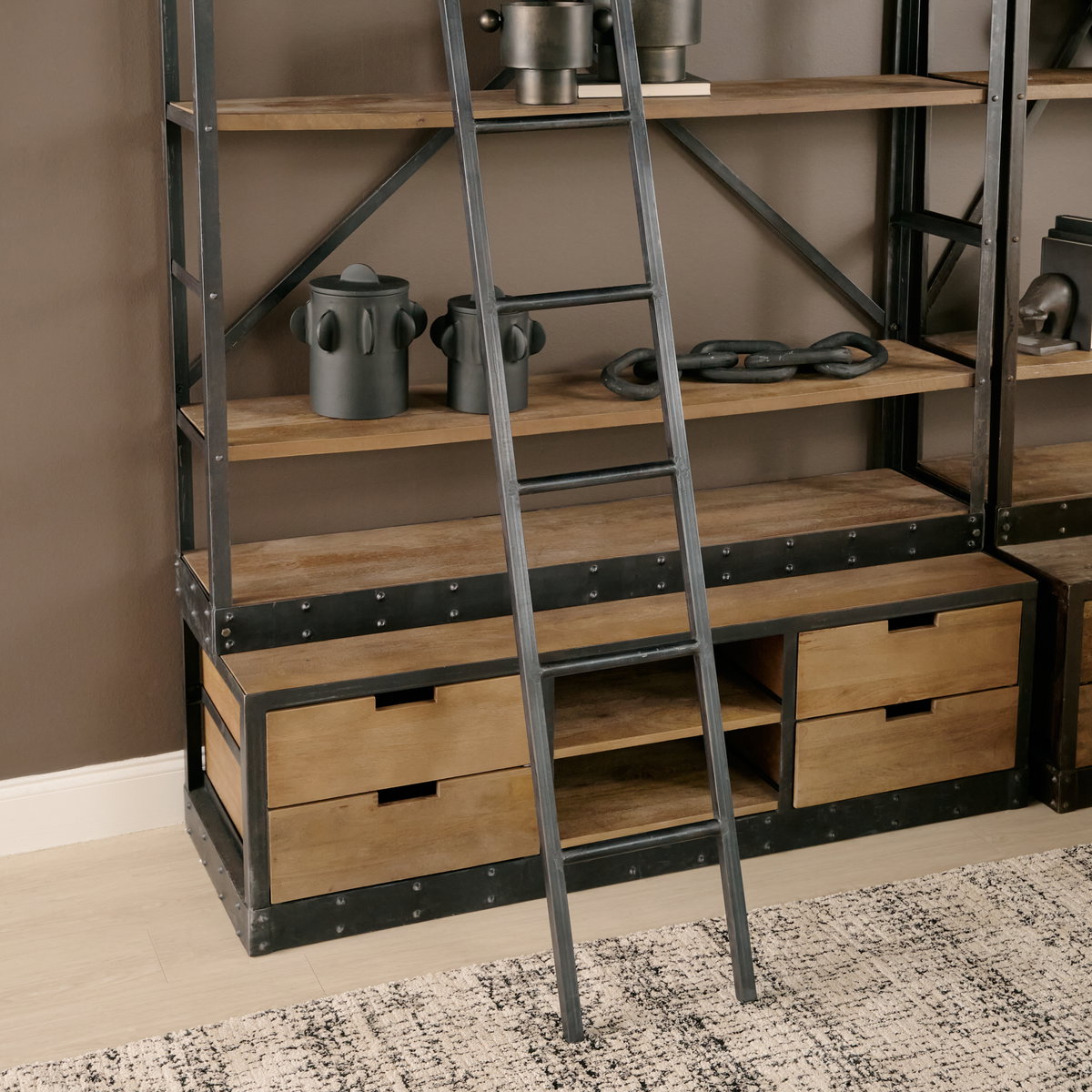 Brodie VIII 57L x 20.5W x 94H Brown Wood Gun-Metal Ladder Four Shelf Shelving Unit, Shelving & Bookcase by Mercana, 57" length x 20.5" width x 94" height View 3