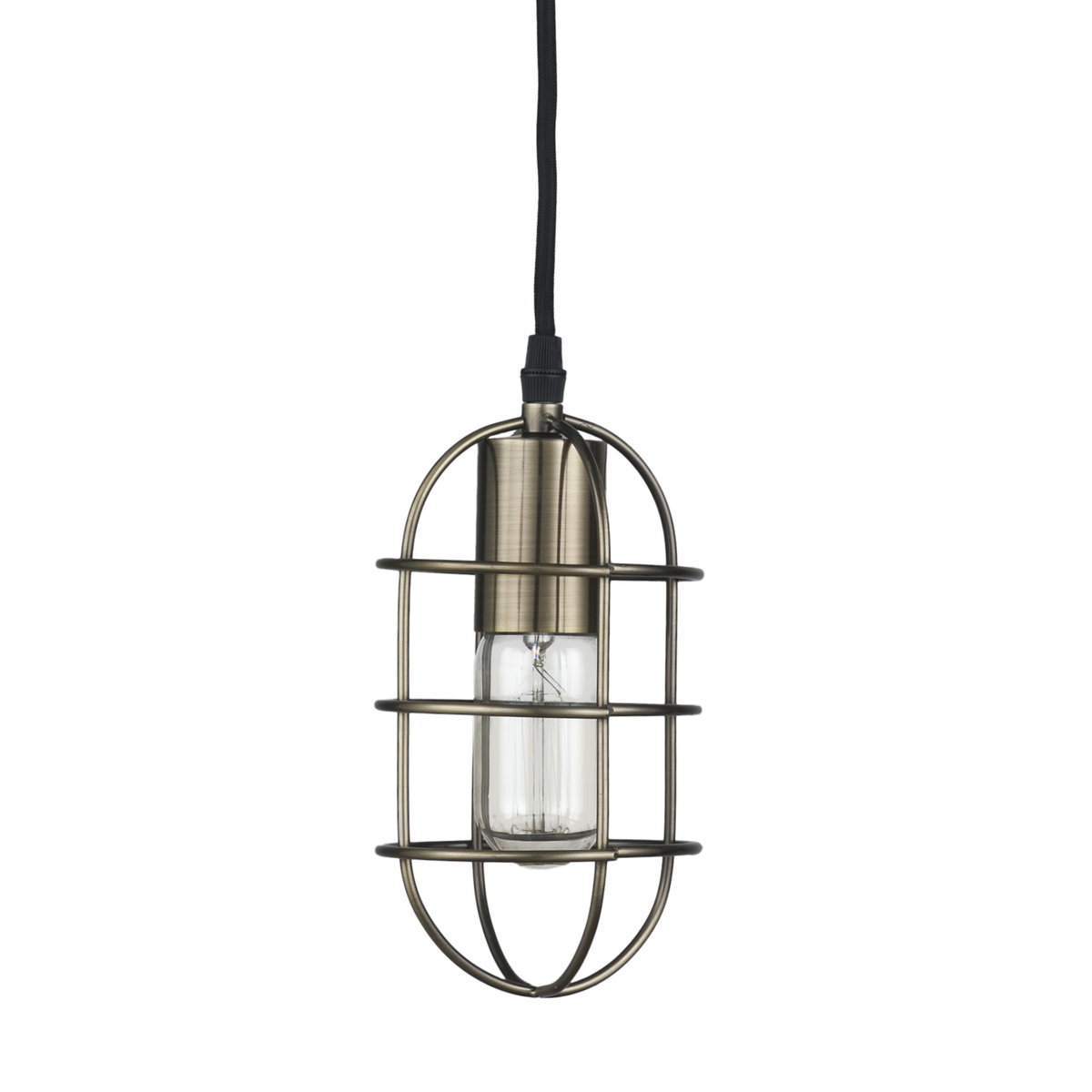Hines I 4x8 Antiqued-Brass Metal Cage Pendant Light, by Mercana, 4" length x 4" width x 8" height View 1