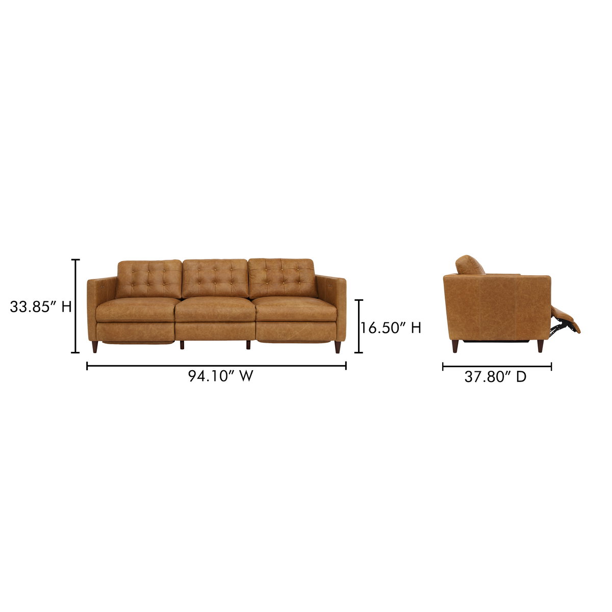 Bridgers Power Recliner Sofa Tan Leather, Sofas & Sectional by Moe's Home, 94.1" width x 33.85" height x 37.8" depth View 11