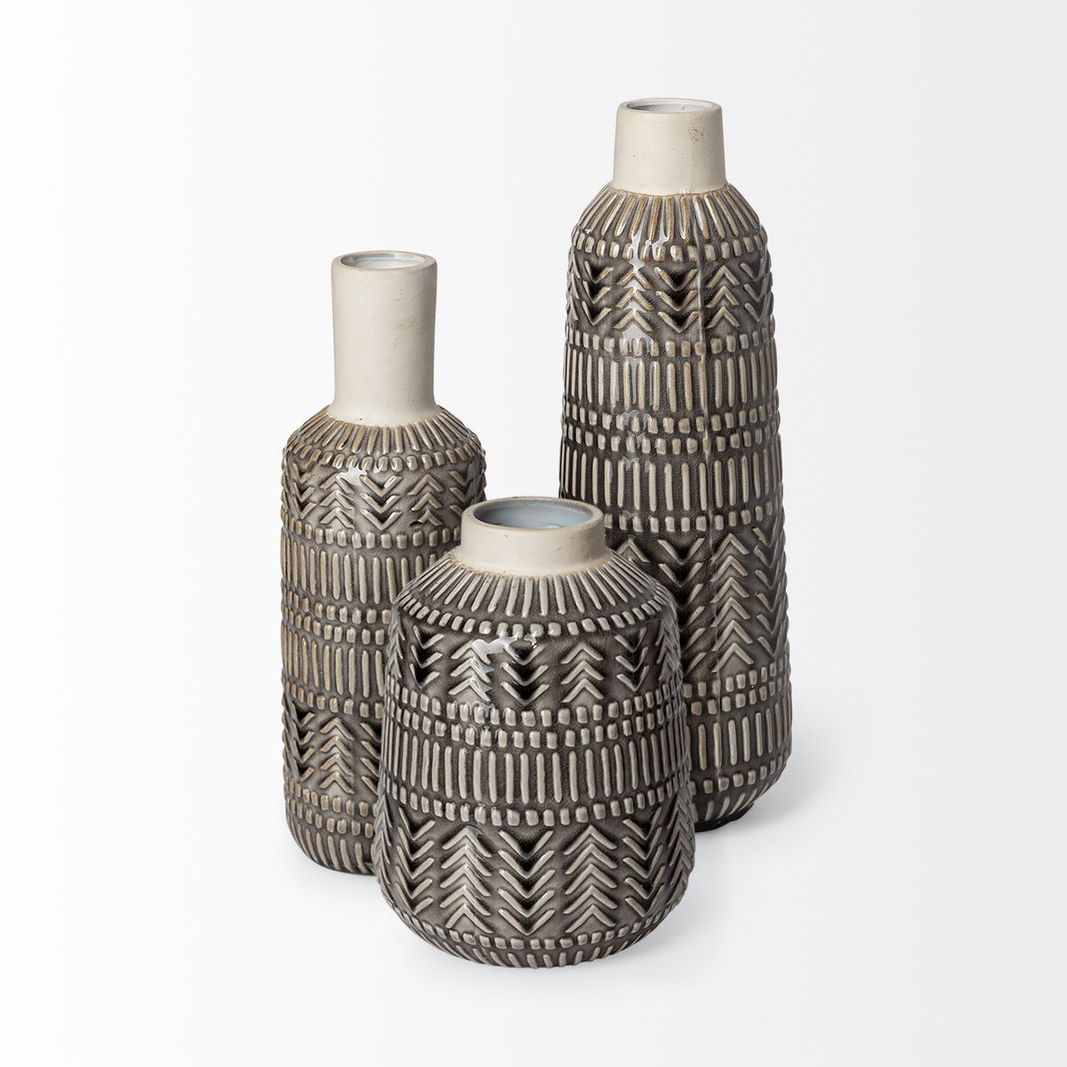 Riker III Large Dark Gray Cream Ceramic Vase, by Mercana, 5.12" length x 5.12" width x 14.17" height View 6