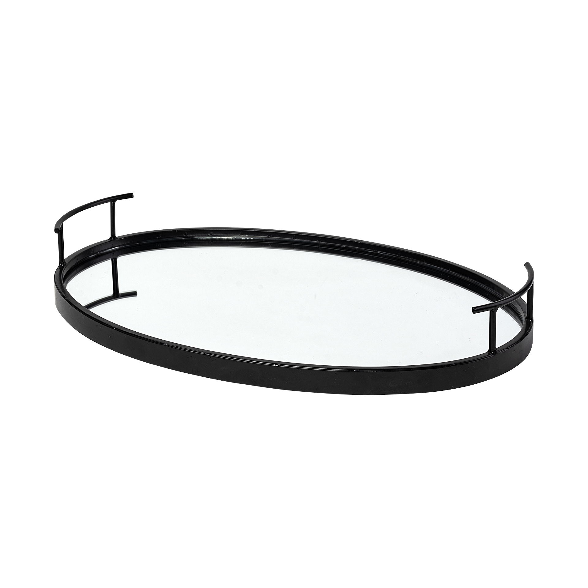 Ansel 20L x 14W Black Metal Mirrored Bottom Oval Serving Tray, Decorative Tray by Mercana, 20.08" length x 13.98" width x 2.87" height View 1