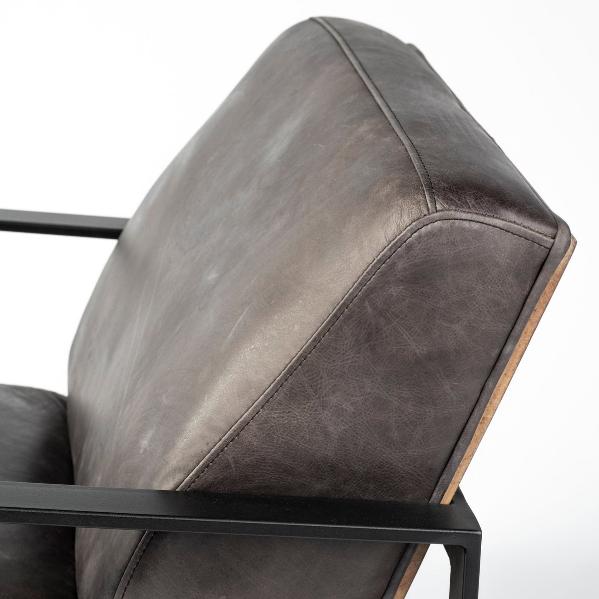 Stamford Black Genuine Leather Seat with Wood Back, Metal Frame Accent Chair, by Mercana, 24.41" length x 31.89" width x 28.94" height View 10