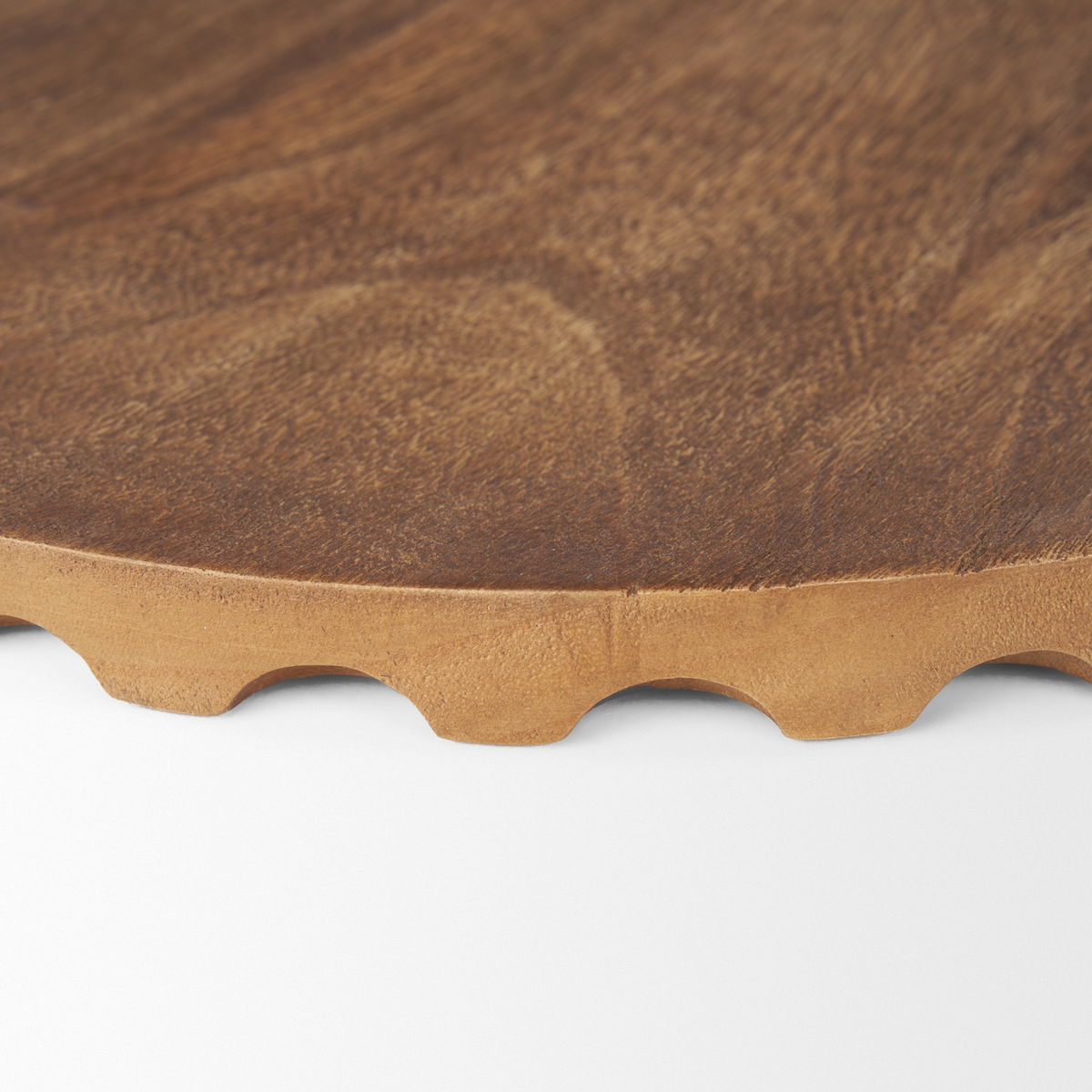 Waverly Round Light Brown Wood Scalloped Edged Trays, Decorative Tray by Mercana, 17.5" length x 17.5" width x 1" height View 7
