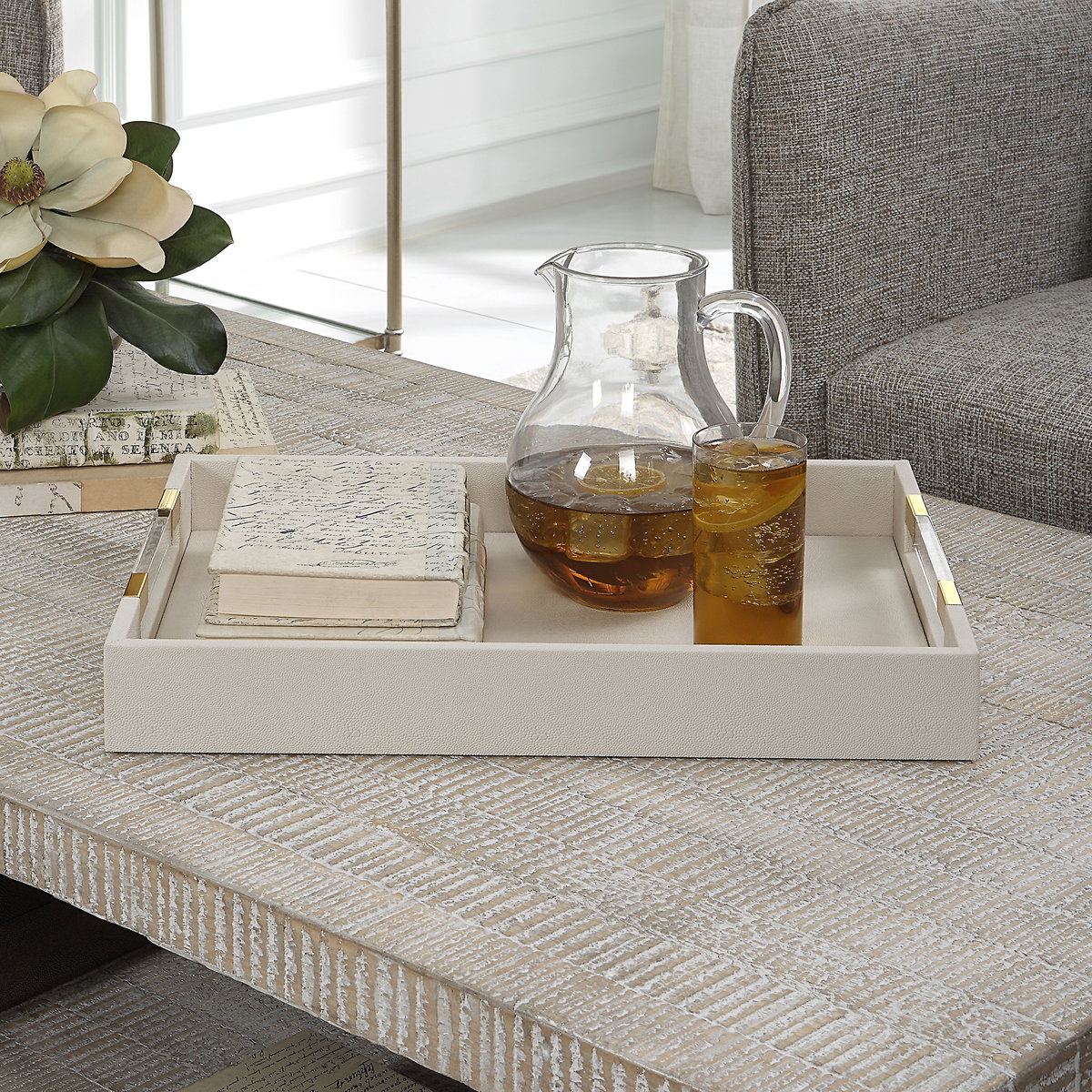 Wessex White Shagreen Tray, Decorative Tray by Uttermost, 19" width x 2.62" height x 13.87" depth View 8
