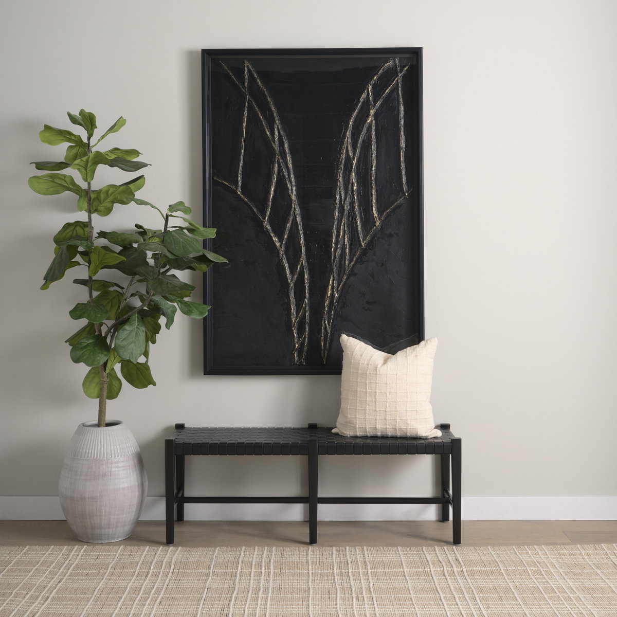 Shane Black Wood with Woven Black Leather Bench, Benche by Mercana, 52" length x 16.5" width x 18.75" height View 3