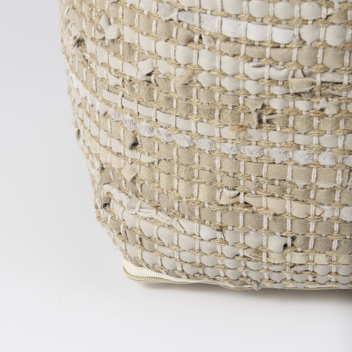 Aalia  Beige Leather and Jute Pouf, Ottoman by Mercana, 16" length x 16" width x 16" height View 8