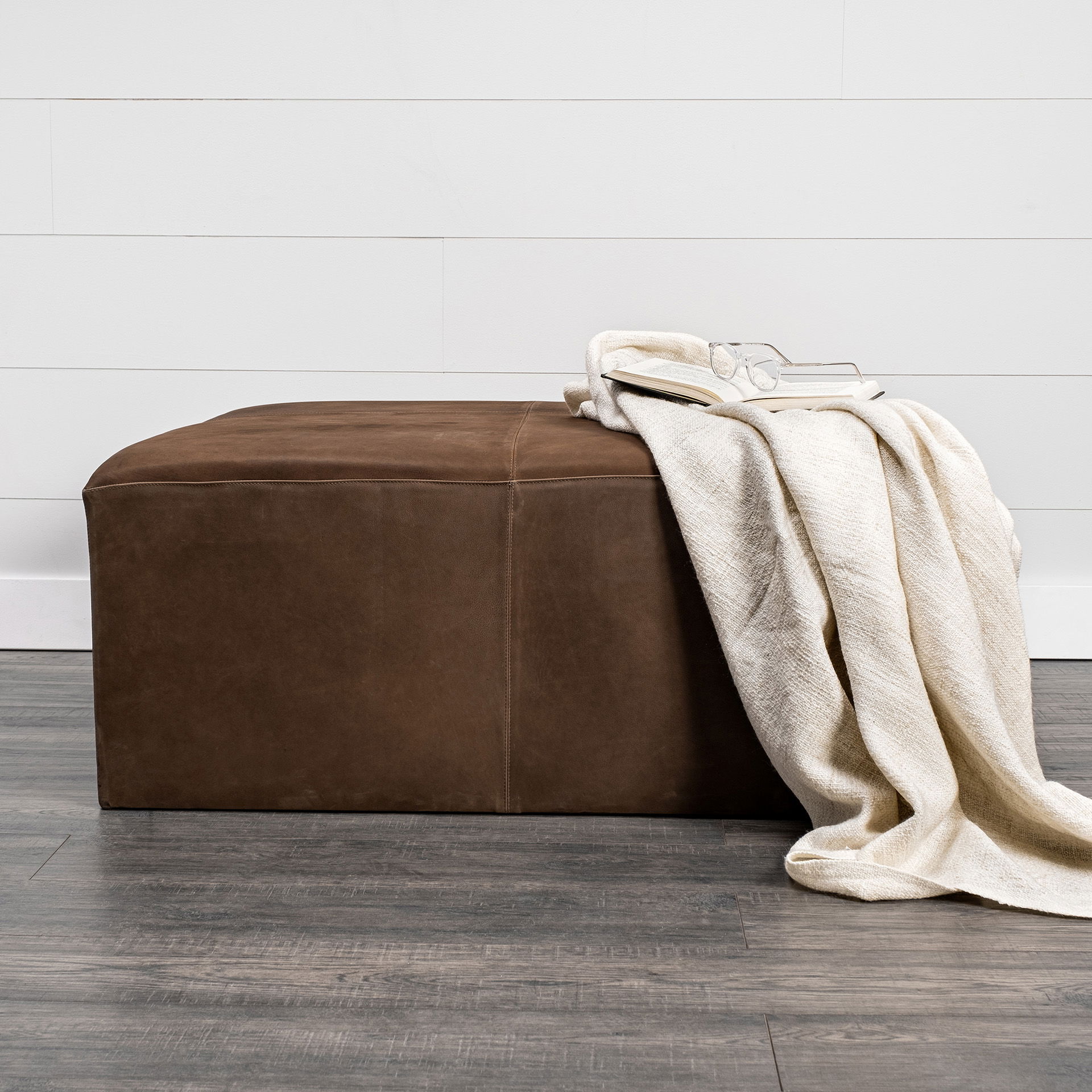Minara 36' Square Brown Leather Wrapped with Wood Base Ottoman large image 