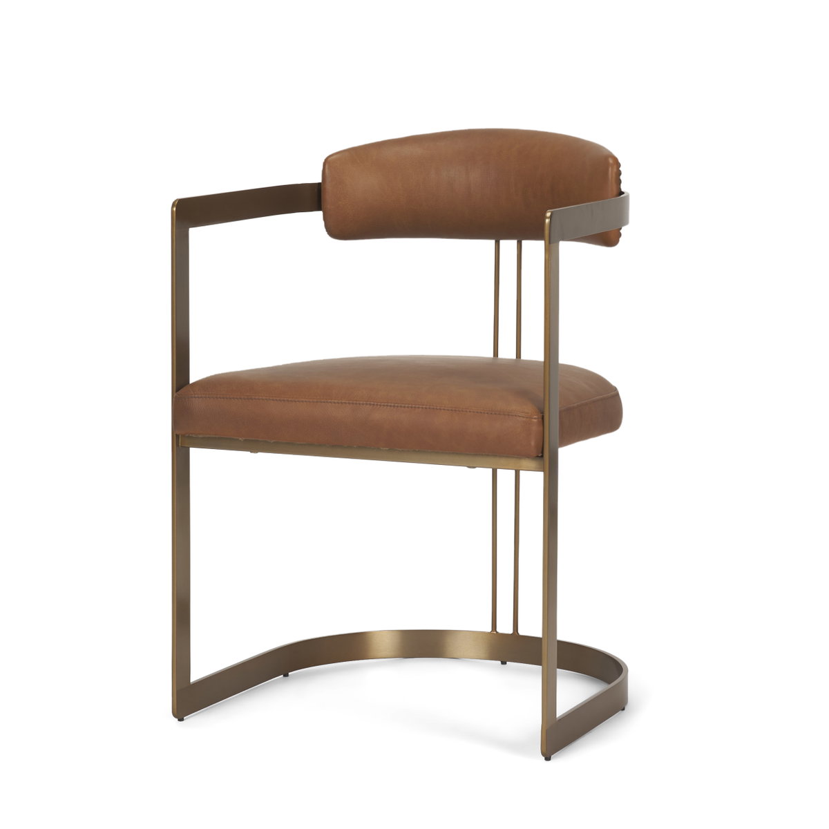Hollyfield Curved Back Dining Side Chair | Brown Leather with Gold Iron, Dining Chair by Mercana, 20.5" length x 22.5" width x 29.5" height View 1