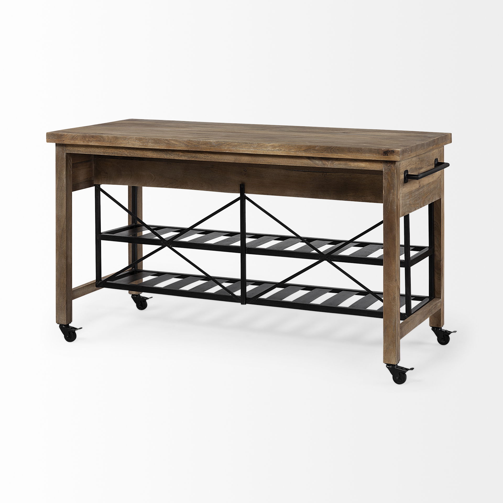 Stuart I Brown Solid Wood Top Two-Tier Black Metal Rolling Kitchen Island, by Mercana, 28" length x 63" width x 34.75" height View 7