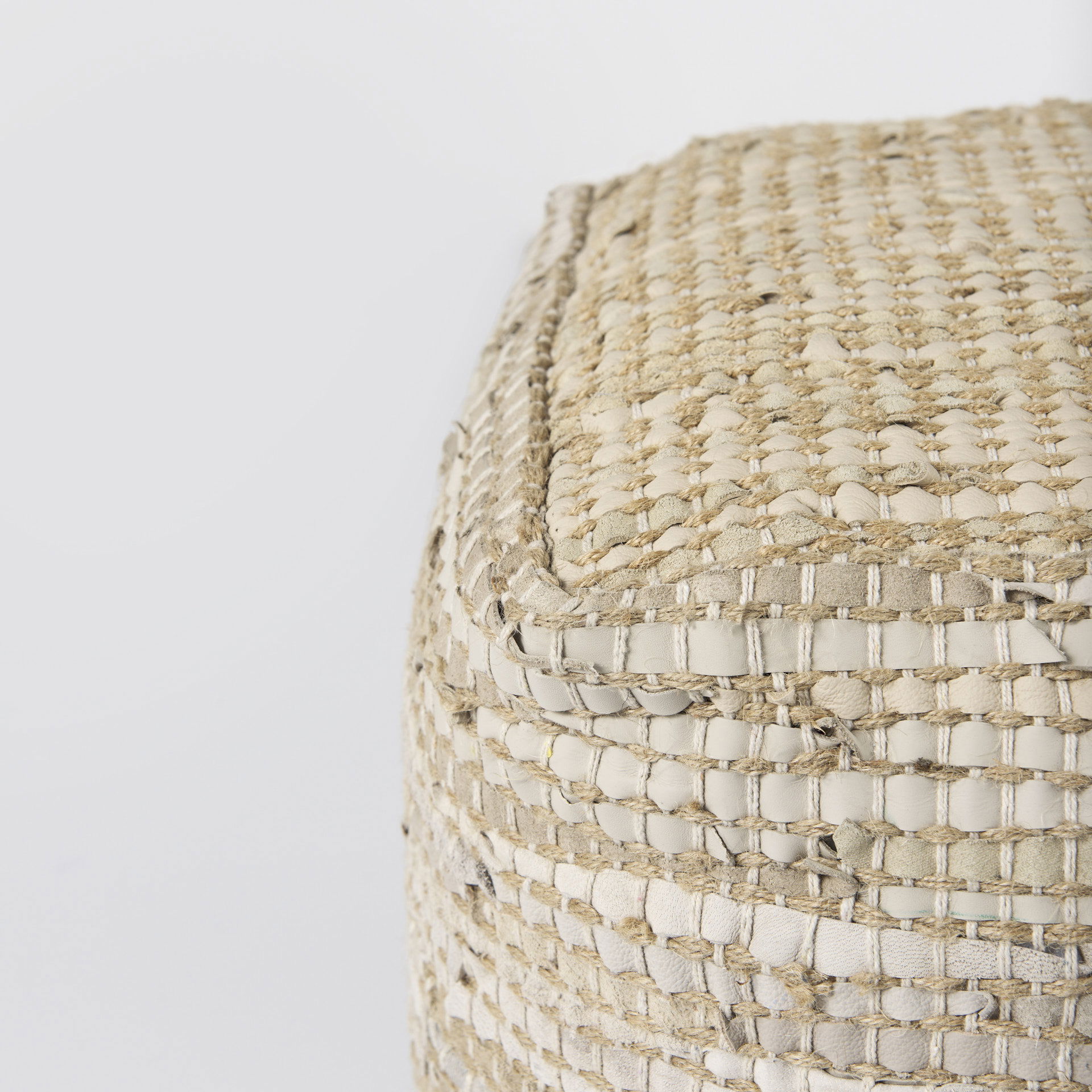 Aalia  Beige Leather and Jute Pouf, Ottoman by Mercana, 16" length x 16" width x 16" height View 5
