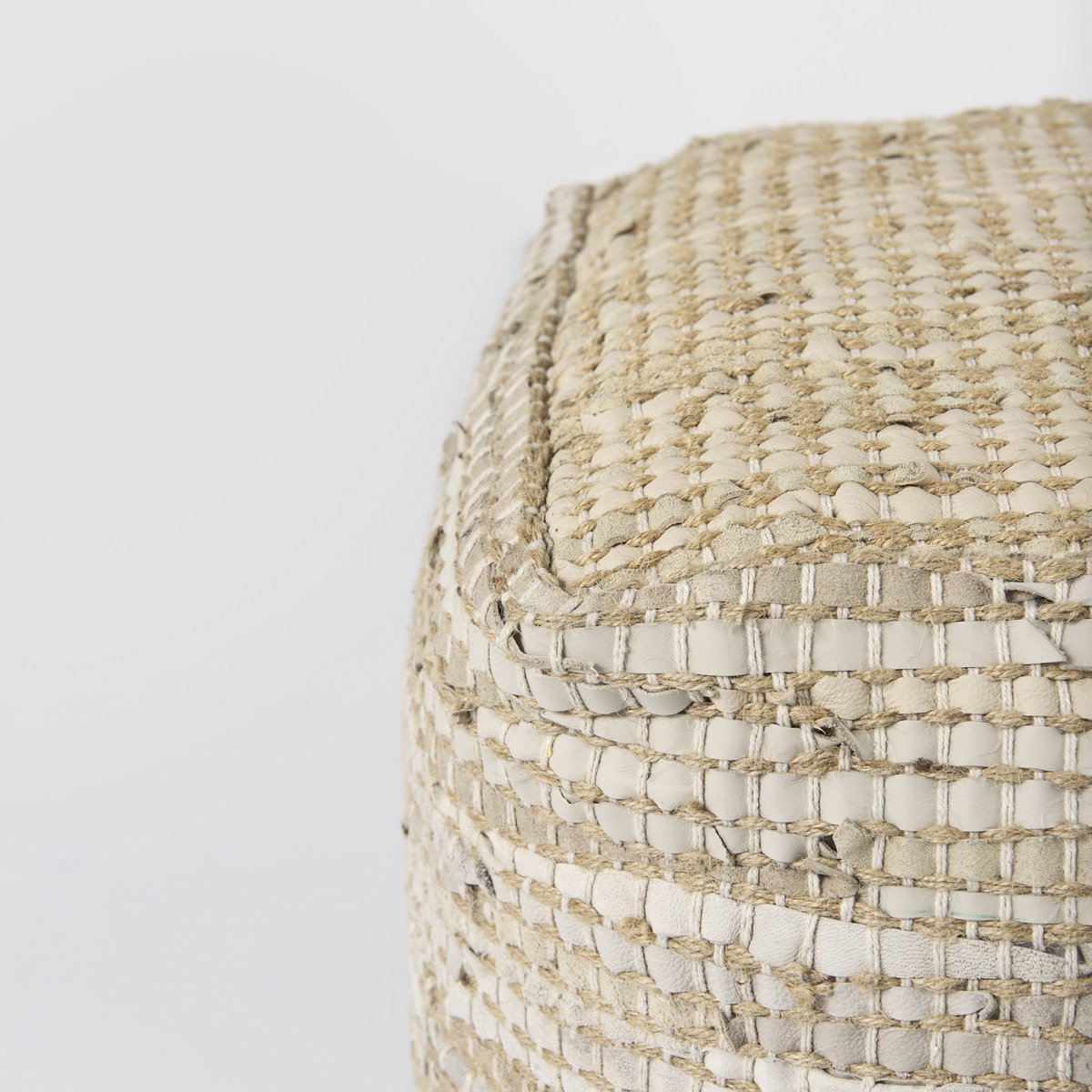 Aalia  Beige Leather and Jute Pouf, Ottoman by Mercana, 16" length x 16" width x 16" height View 5