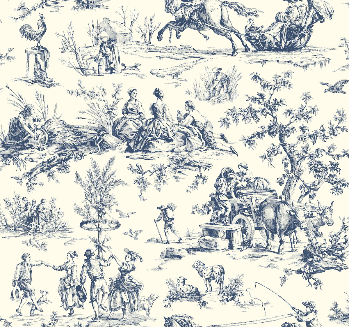 Seasons Toile Navy Wallpaper, by York Wall, 27' length x 2'3" width x 0.02" depth