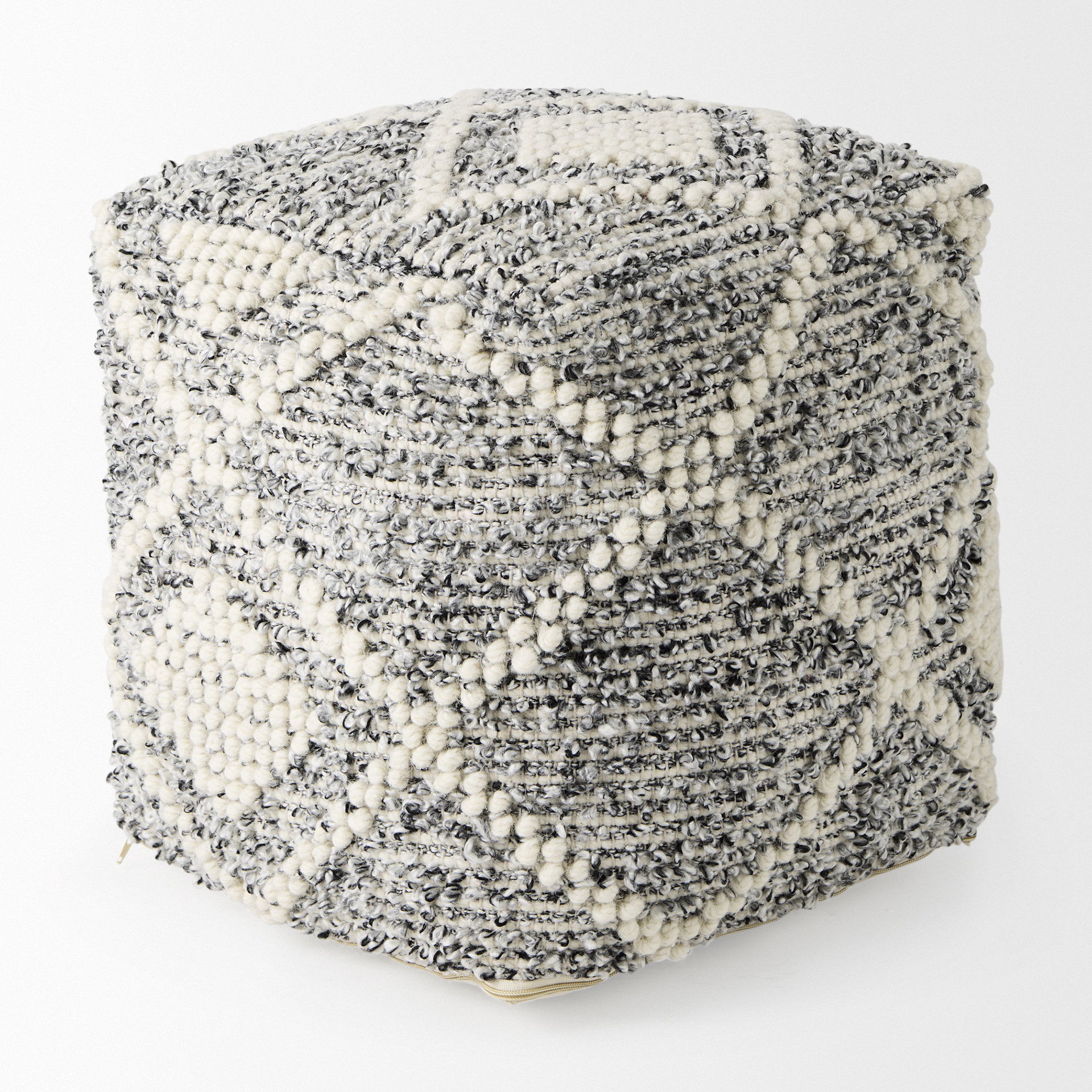 Ekiya   Black/White Yarn and Wool Patterened Pouf, Ottoman by Mercana, 16" length x 16" width x 16" height View 5