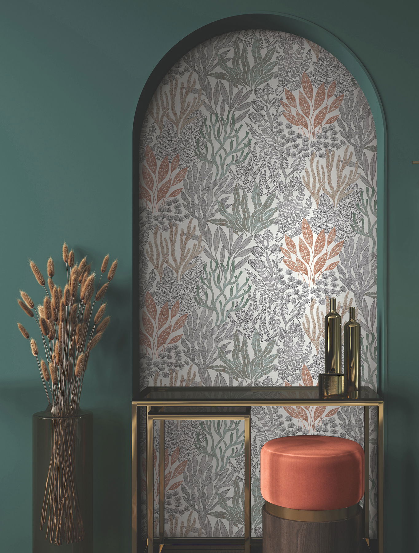 Coral Leaves Coral Black Wallpaper, by York Wall, 27' length x 2'3" width x 0.02" depth View 3