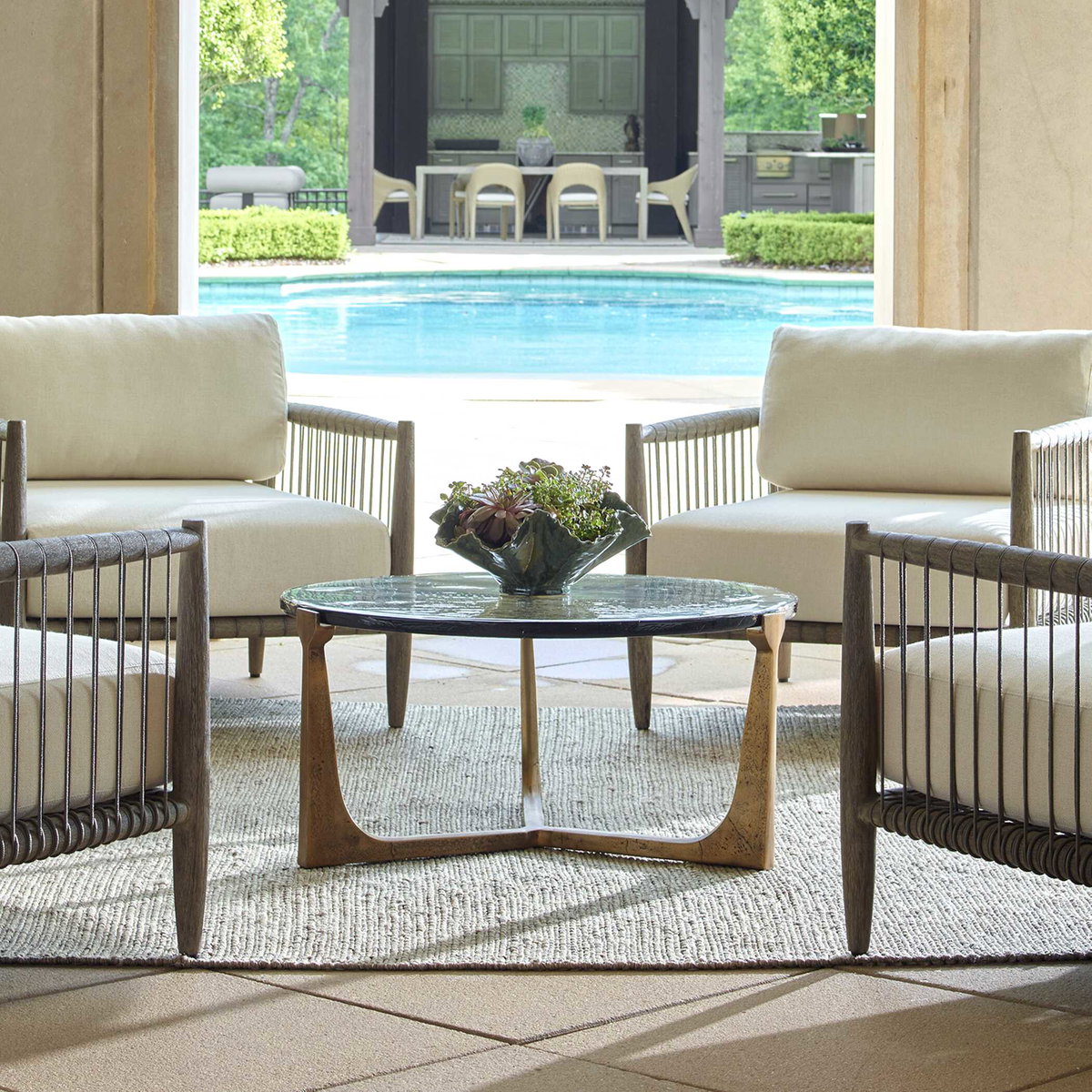 Bohdi Outdoor Brass Coffee Table, Outdoor Table by Uttermost, 2'8" width x 1'4" height x 2'8" depth View 2