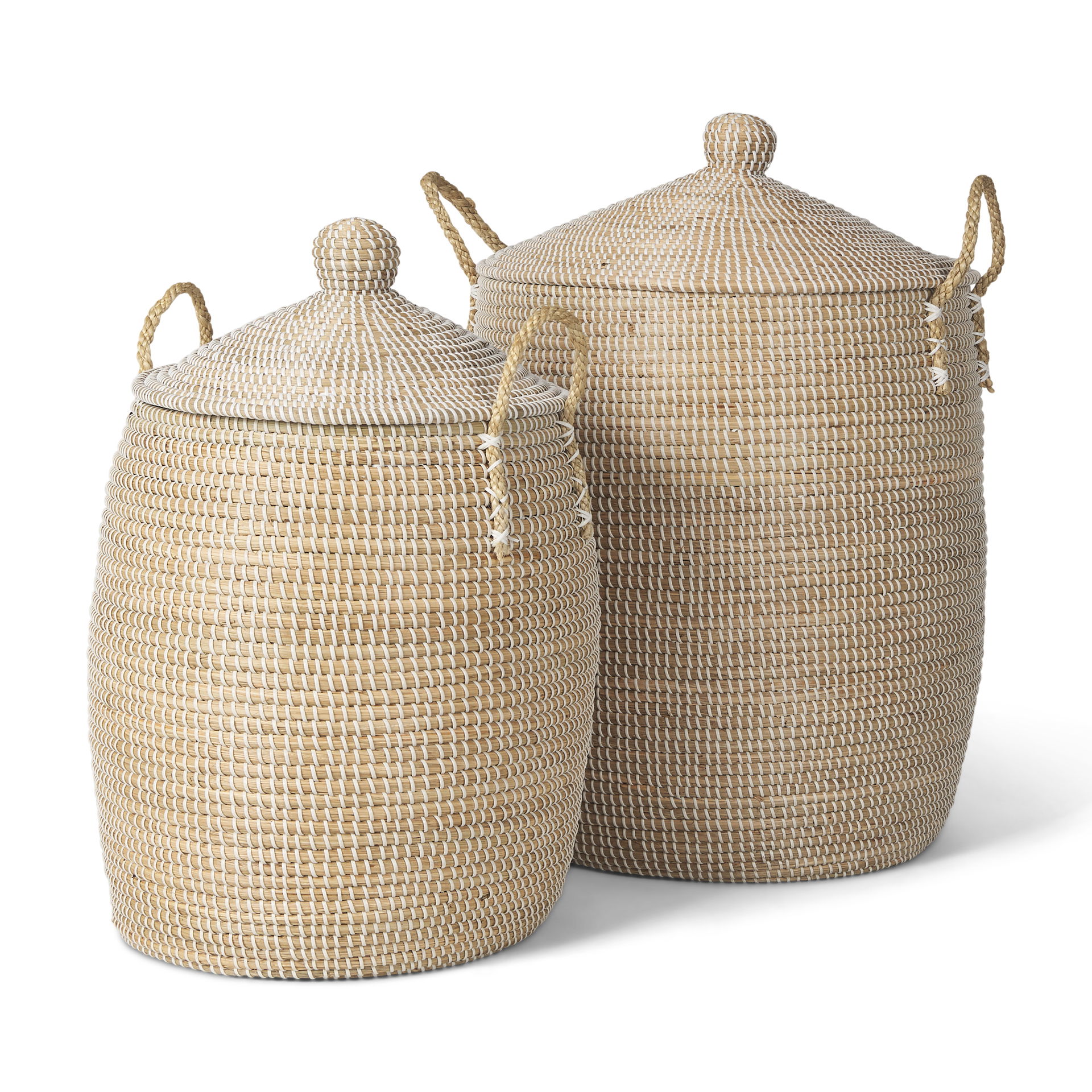 Kairi Set of 2 Seagrass Floor Baskets with Lids and Handles, Bins & Basket by Mercana, 20.87" length x 20.87" width x 29.92" height View 1
