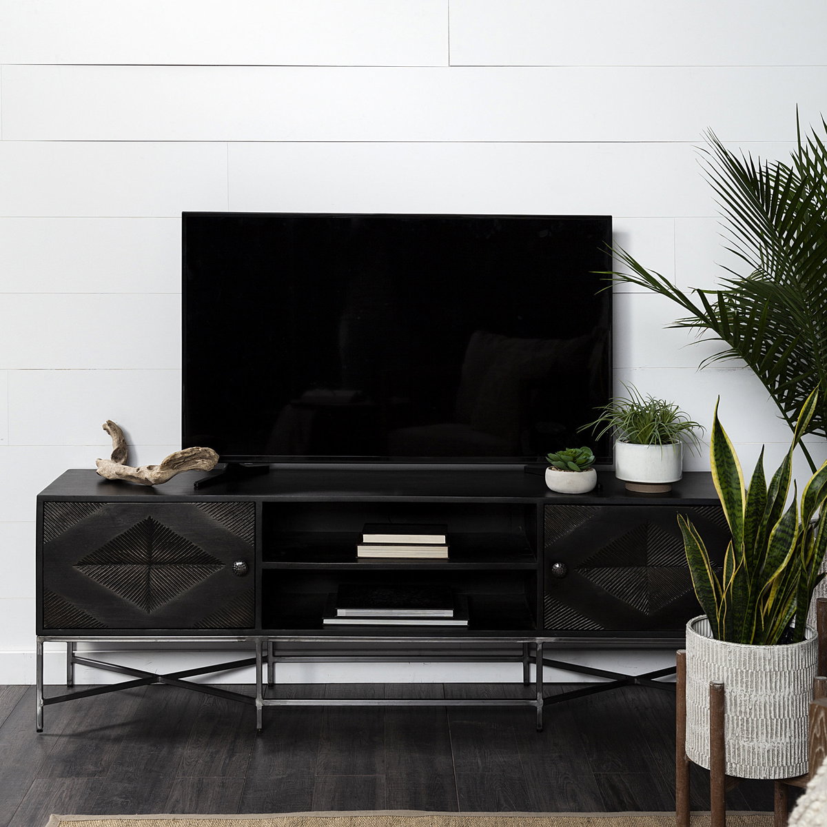 Hogarth I Dark Brown Solid Wood TV Stand Media Console with Storage, TV up to 81', by Mercana, 70.5" length x 16" width x 23.25" height View 3