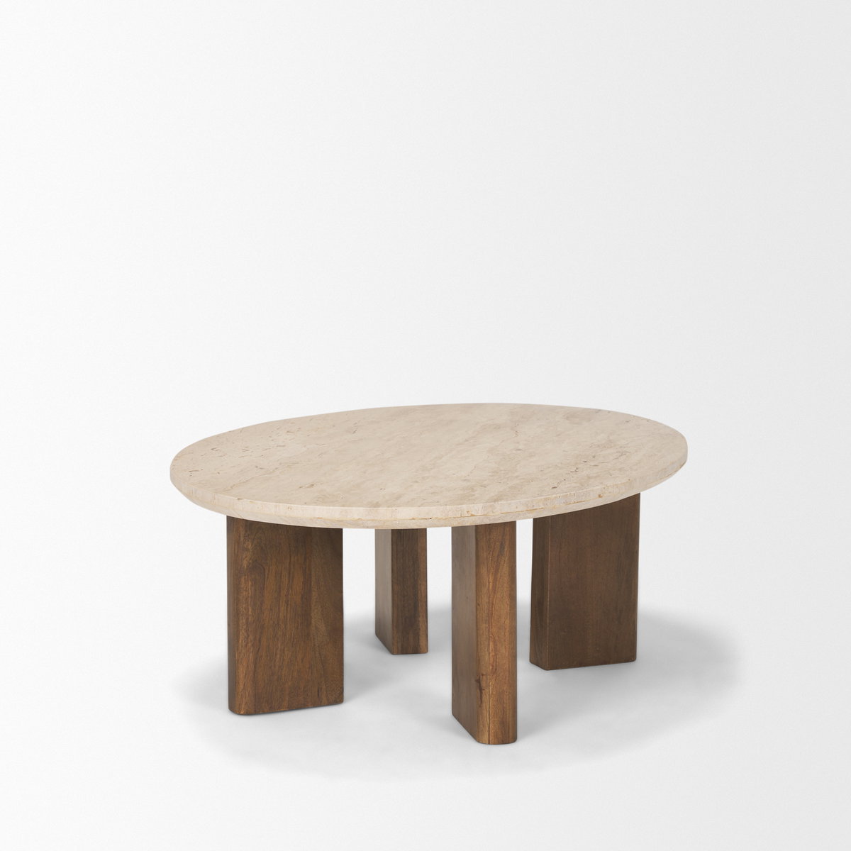 Syona Travertine + Mango Wood leg Oval Coffee table, by Mercana, 44" length x 30" width x 16" height View 6
