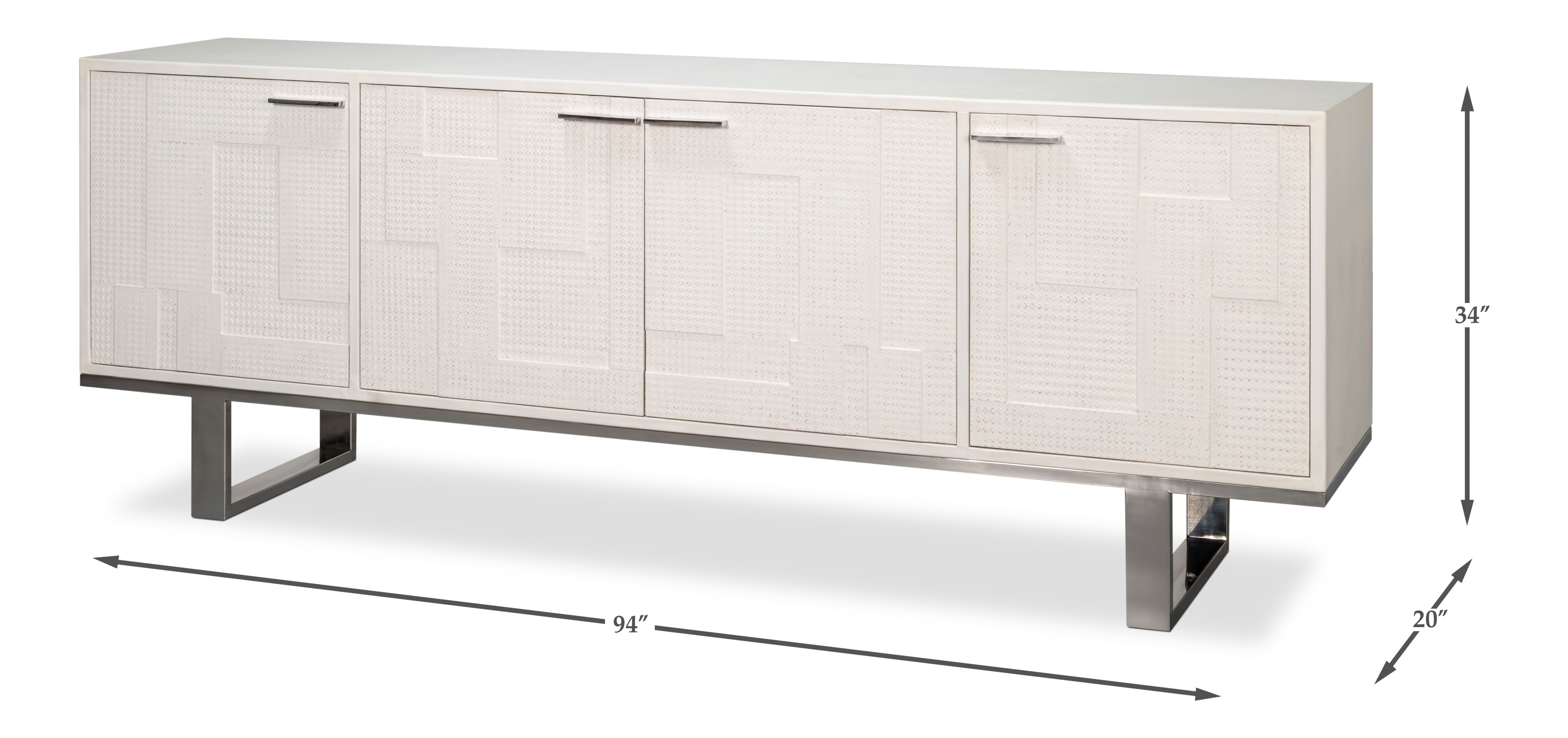 Bronzini Credenza, Embossed White, Wine & Liquor Accessorie by Sarreid, 94" length x 20" width x 34" height View 12
