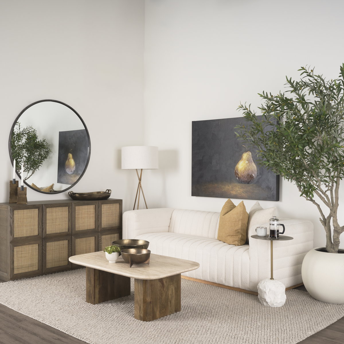 Symona Travertine and Mango Wood Rectangle Coffee Table, by Mercana, 44" length x 30" width x 15" height View 3