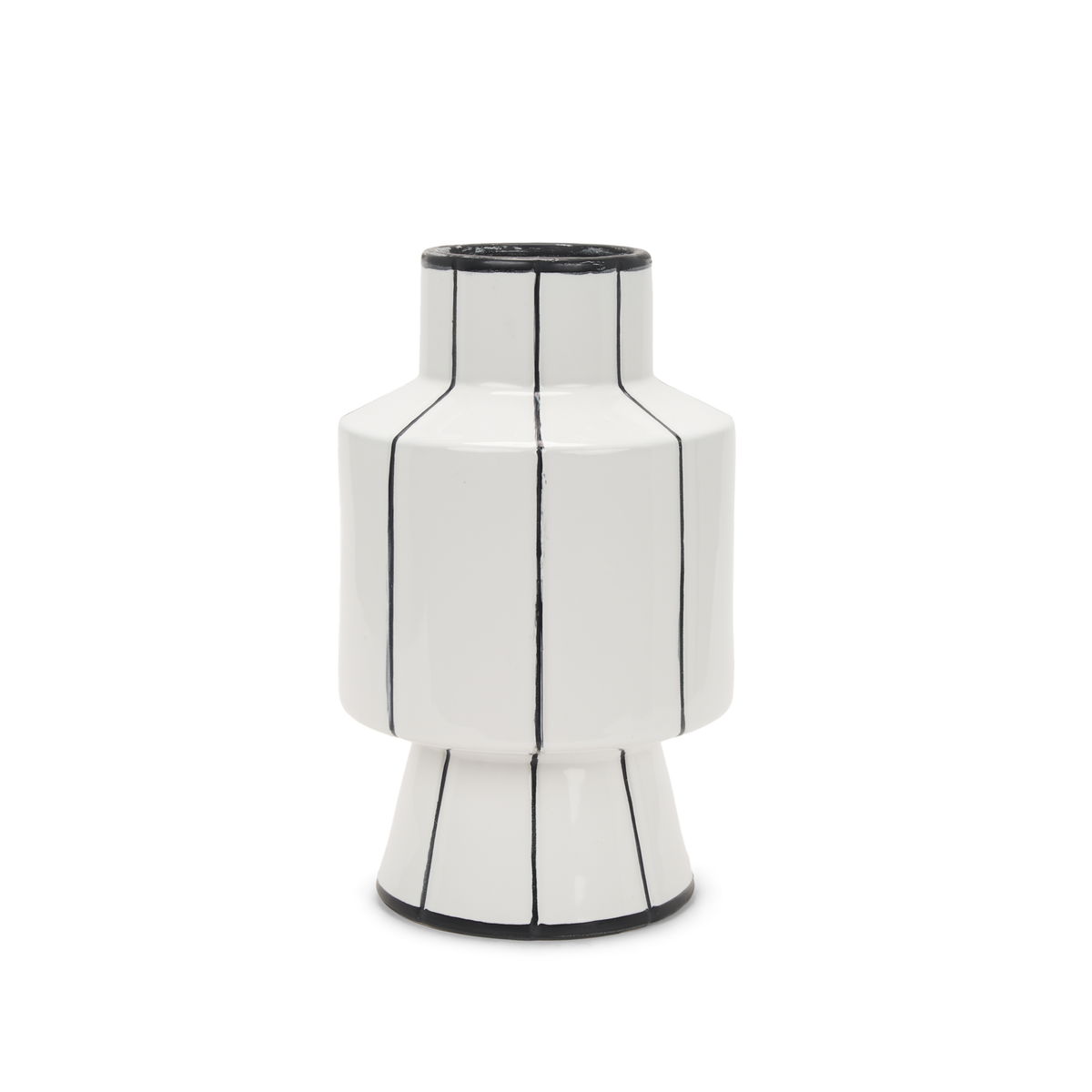 Dinah Small White with Black Stripes  Ceramic Vase, by Mercana, 8.07" length x 8.07" width x 12.99" height View 1