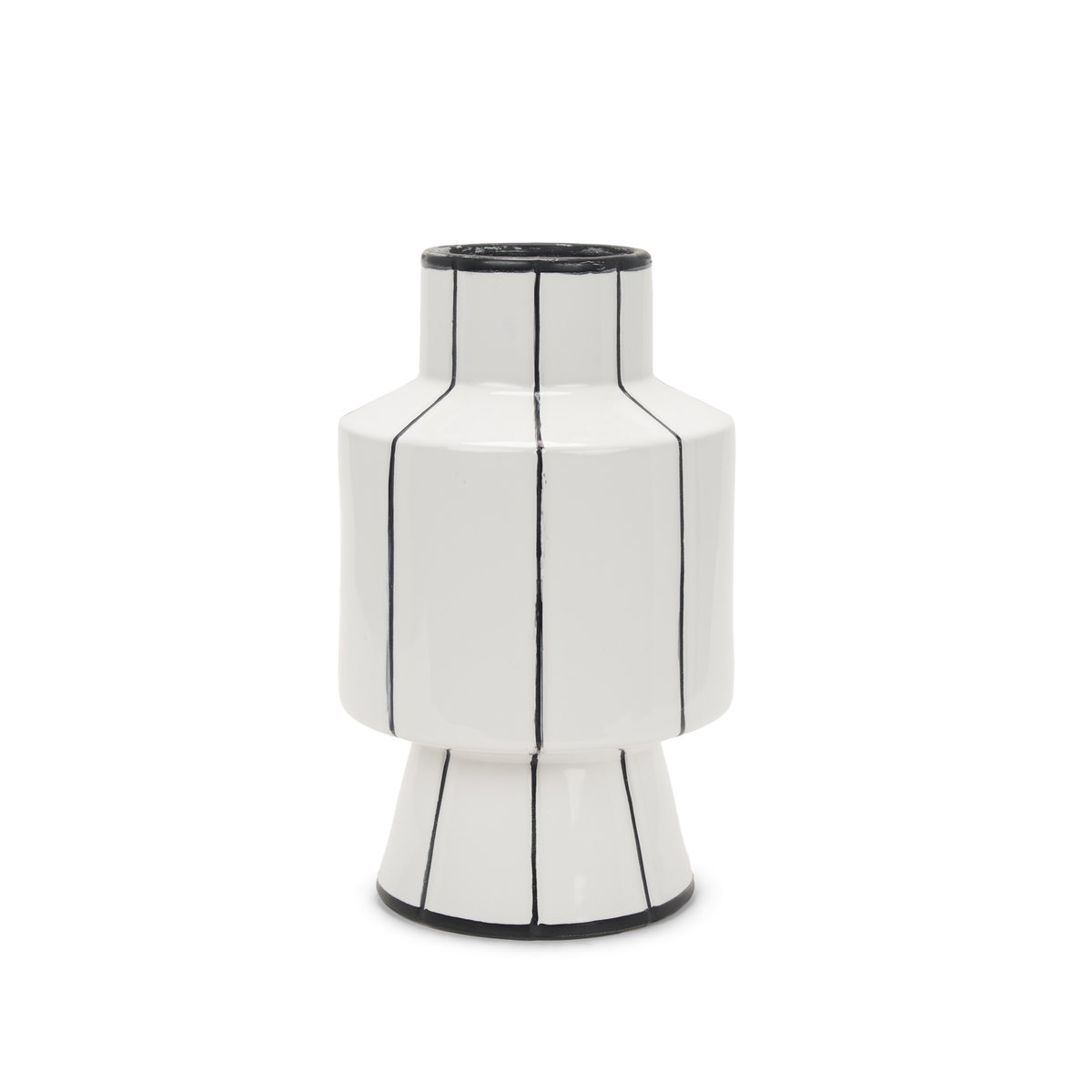 Dinah Small White with Black Stripes  Ceramic Vase, by Mercana, 8.07" length x 8.07" width x 12.99" height View 1