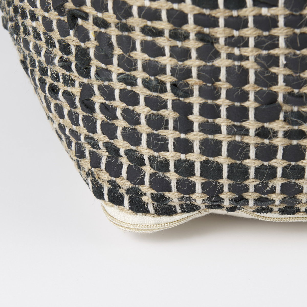 Aalia  Charcoal Leather and Jute Pouf, Ottoman by Mercana, 16" length x 16" width x 16" height View 9