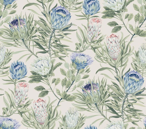 Protea Cream & Blue Wallpaper