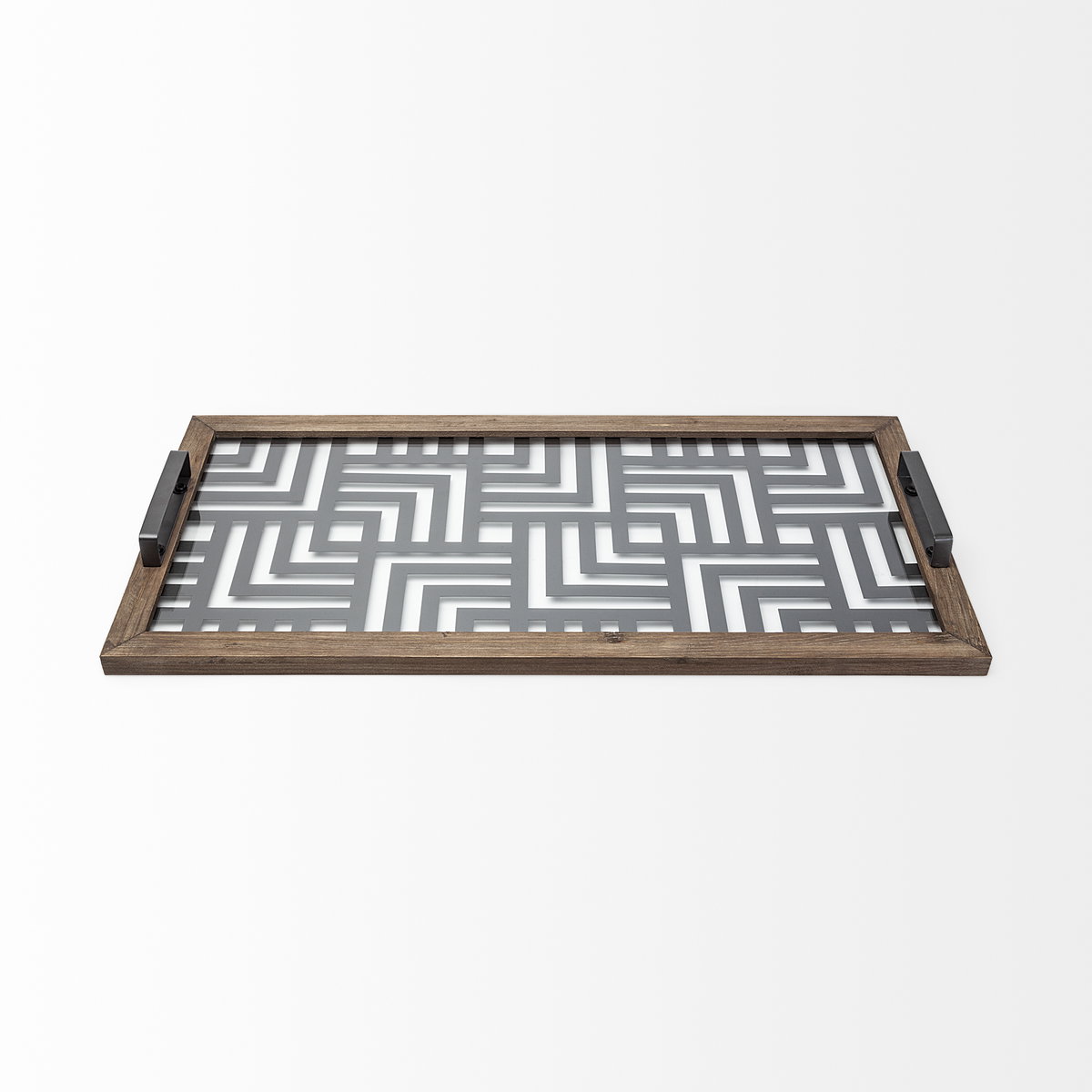 Fantuz 32L x 16W Gray Metal, Wood and Glass Serving Tray, Decorative Tray by Mercana, 31.89" length x 15.75" width x 2.56" height View 3