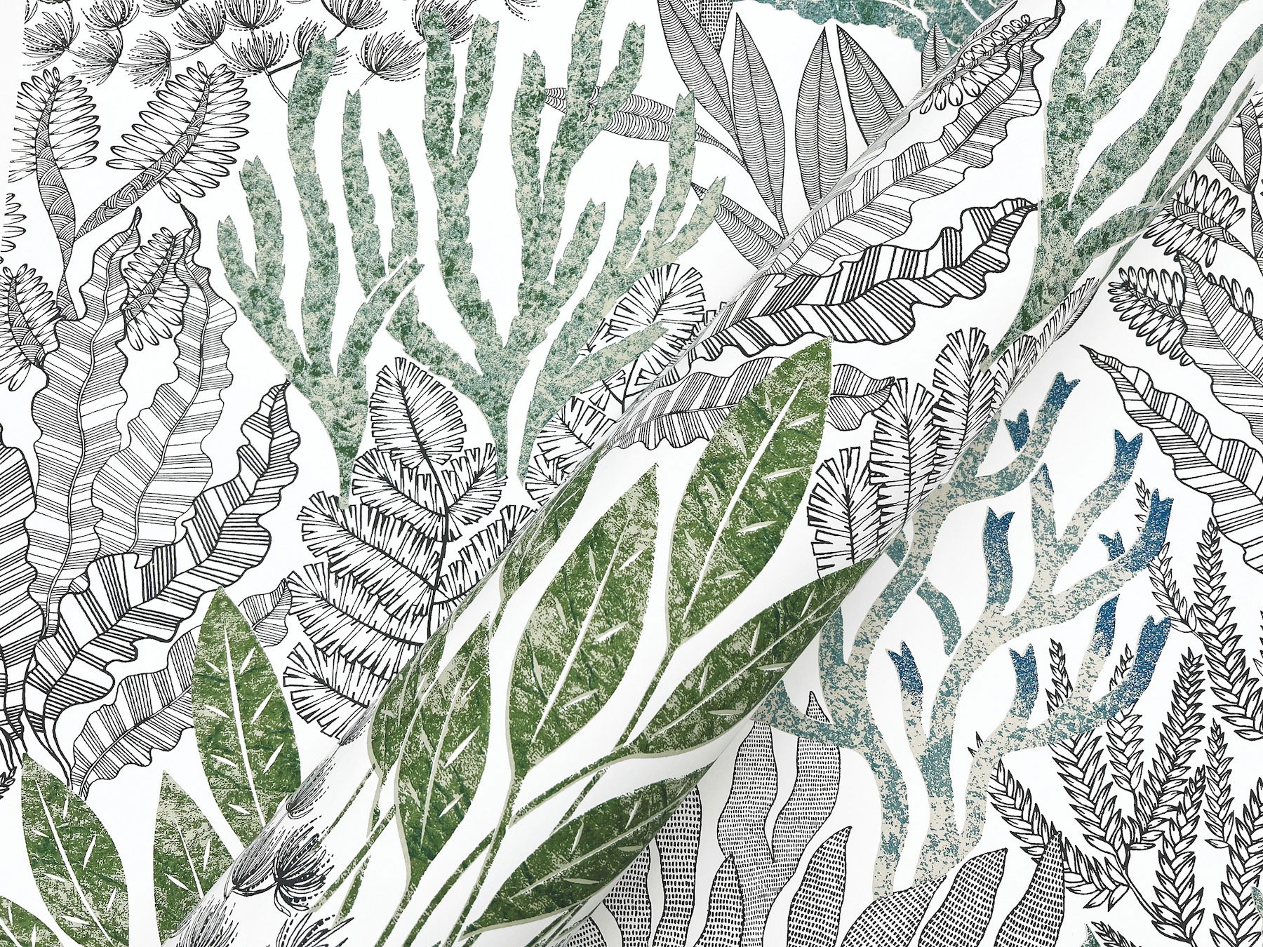 Coral Leaves Blue & Green Wallpaper large image 