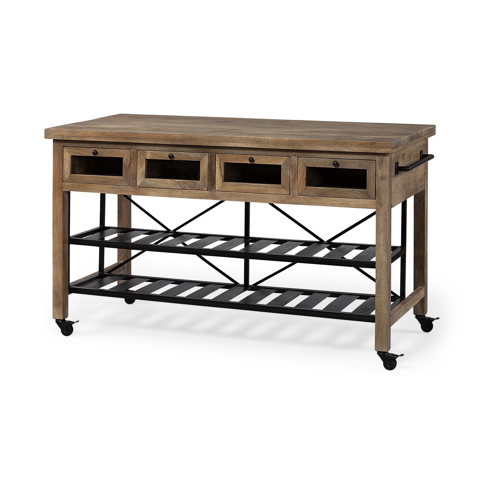 Stuart I Brown Solid Wood Top Two-Tier Black Metal Rolling Kitchen Island, by Mercana, 28" length x 63" width x 34.75" height View 1