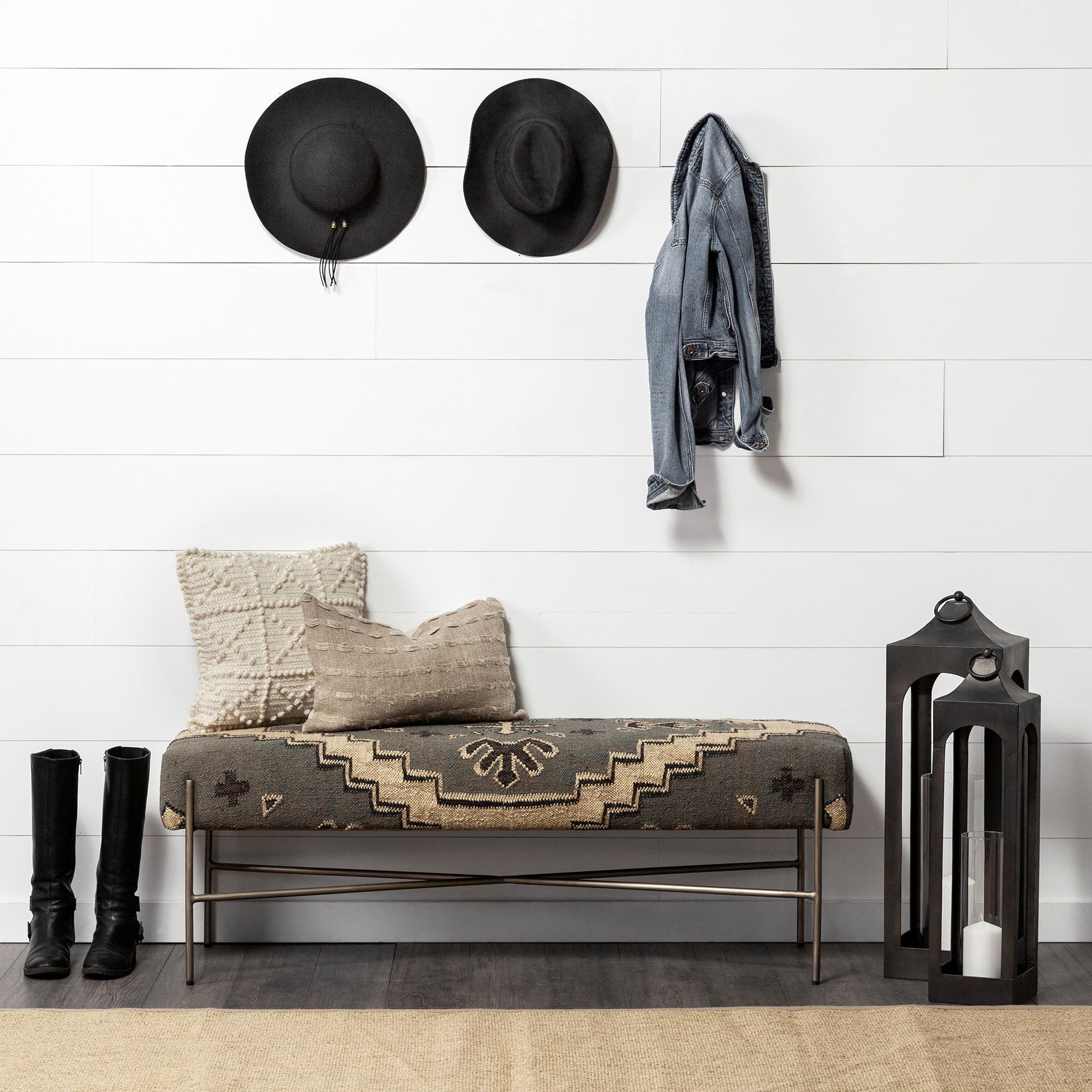 Ina Tall Charcoal Metal Candle Holder Lantern, Lighting by Mercana, 9.45" length x 9.45" width x 33.86" height View 4