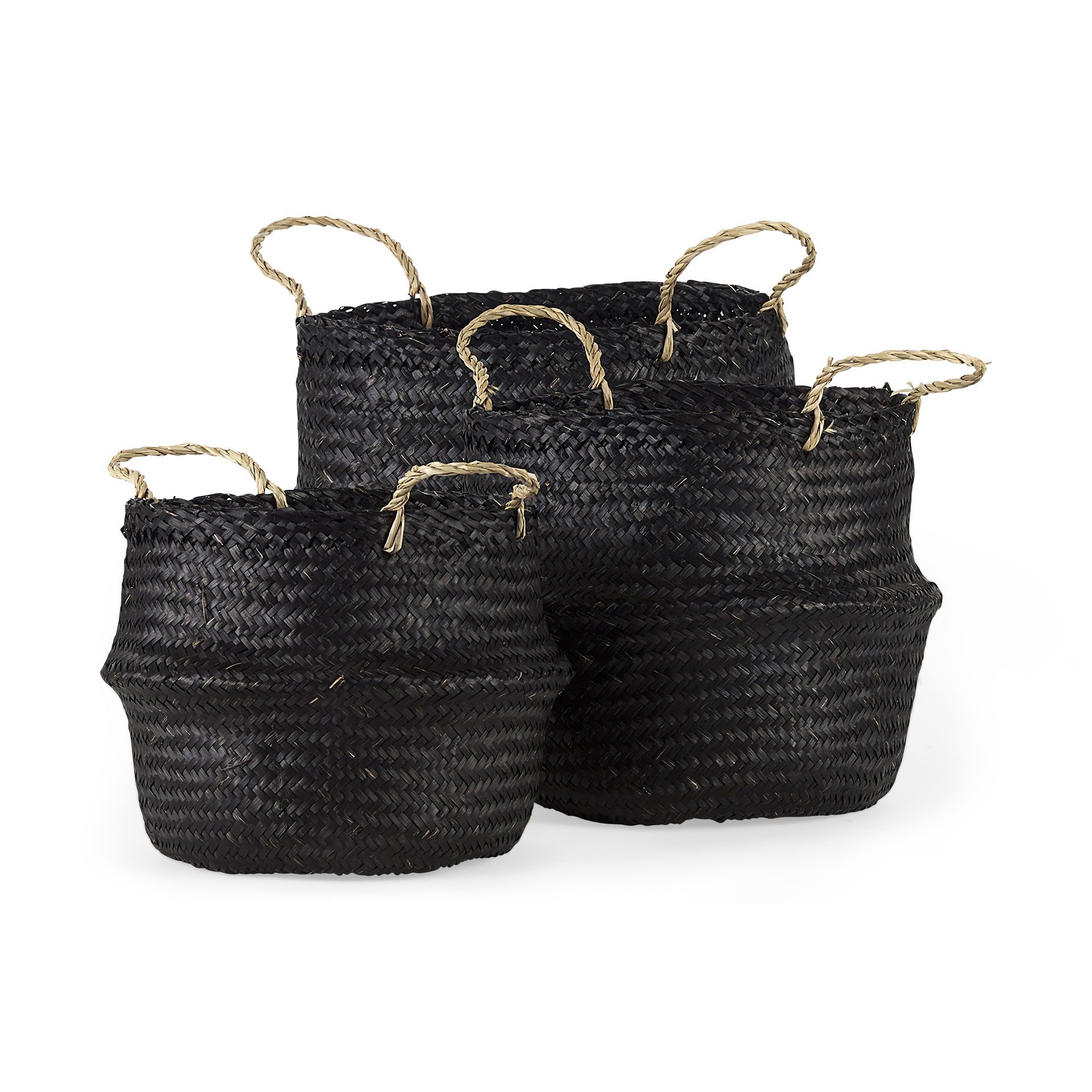 Ella 9.8L x 9.8W x 11.0H (Set of 3) Black Seagrass Basket with Light Brown Handles, Bins & Basket by Mercana, 13.78" length x 13.78" width x 15.75" height View 1