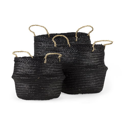 Ella (Set of 3) Black Seagrass Basket with Light Brown Handles