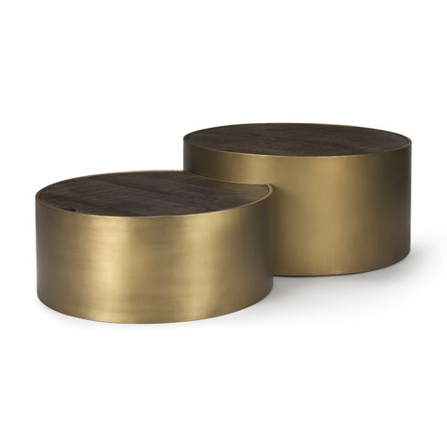 Eclipse Gold Metal Drum Base with Dark Brown Wood Top Nested Coffee Table