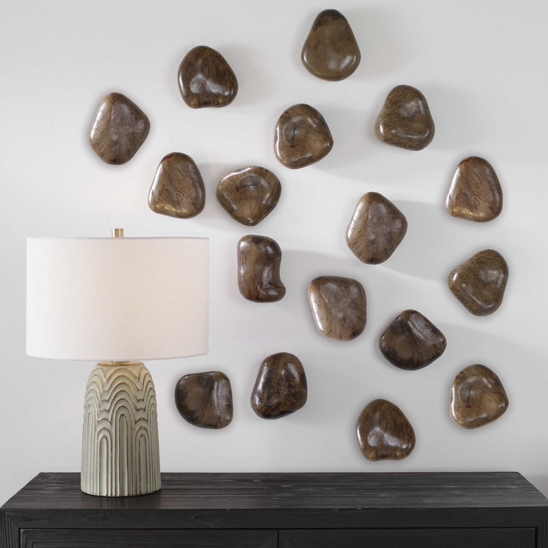 Pebbles Walnut Wood Wall Décor Set/9, Sculptural Wall Art by Uttermost, 6" width x 5" height x 2" depth View 4