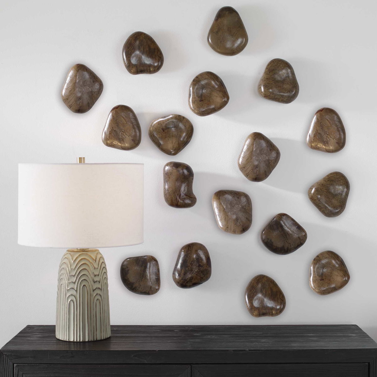Pebbles Walnut Wood Wall Décor Set/9, Sculptural Wall Art by Uttermost, 6" width x 5" height x 2" depth View 4