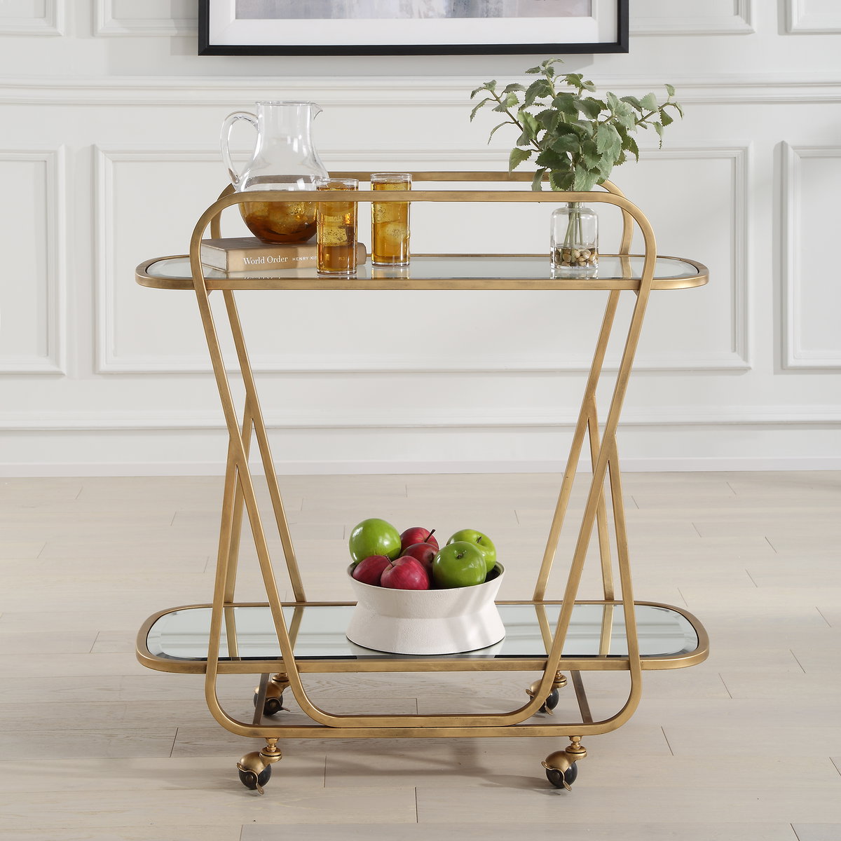 Swain Brass Serving Cart, Bar Carts & Cabinet by Uttermost, 35.75" width x 35.75" height x 16.5" depth View 2