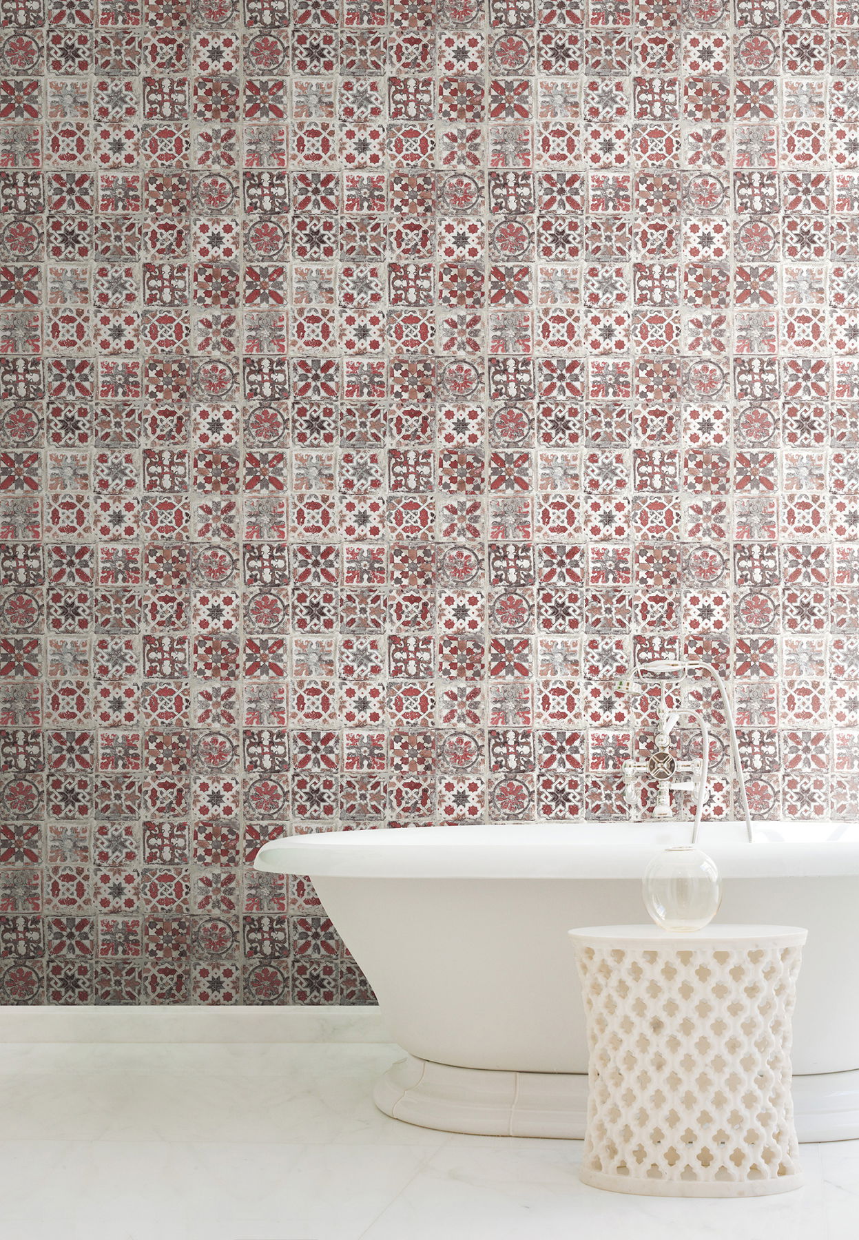Encaustic Tile Red Peel & Stick Wallpaper large image 