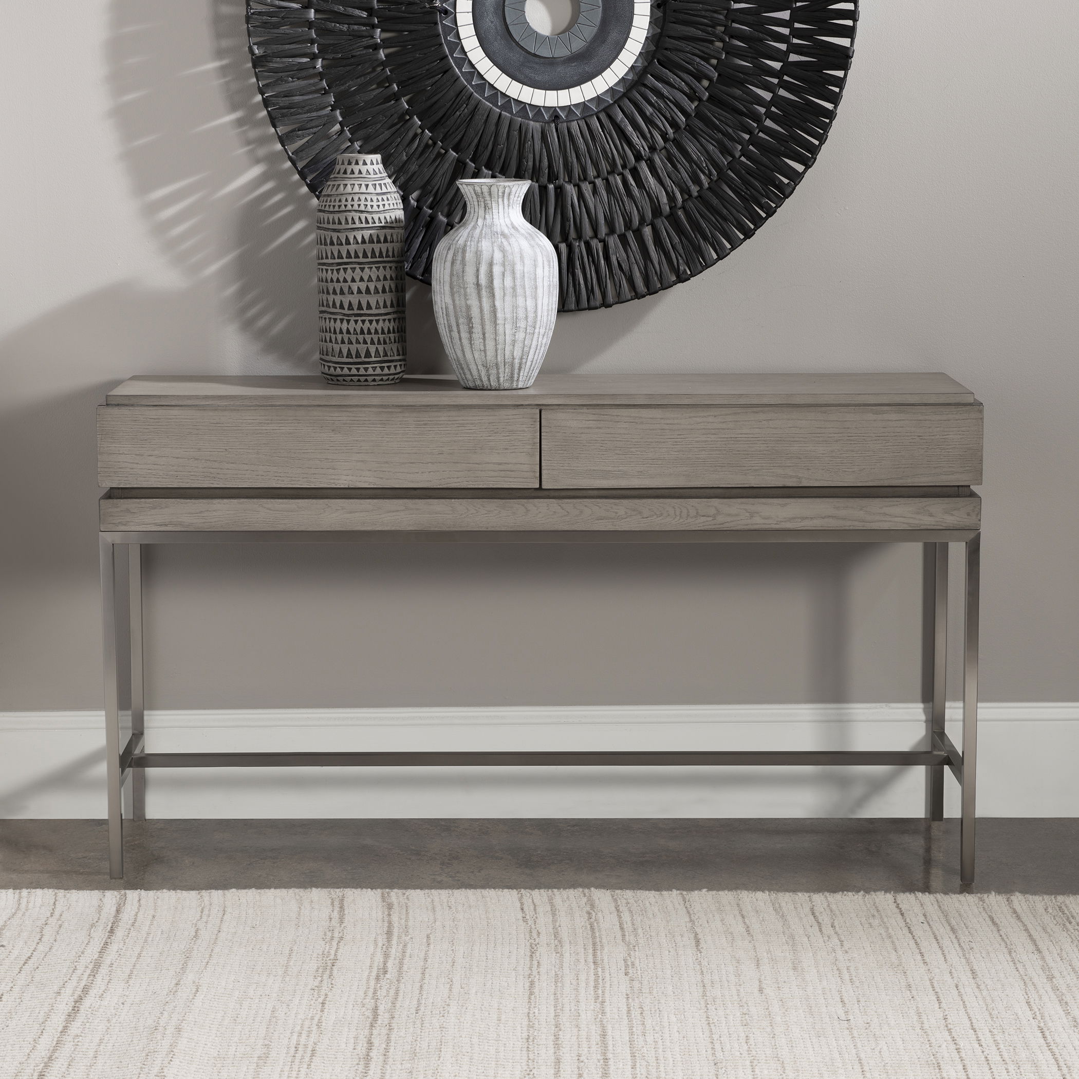 Kamala Gray Oak Console Table, Furniture by Uttermost, 54" width x 30" height x 13.5" depth View 2