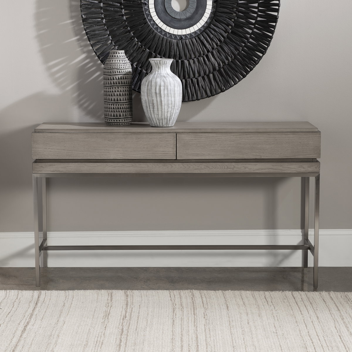 Kamala Gray Oak Console Table, by Uttermost, 54" width x 30" height x 13.5" depth View 2