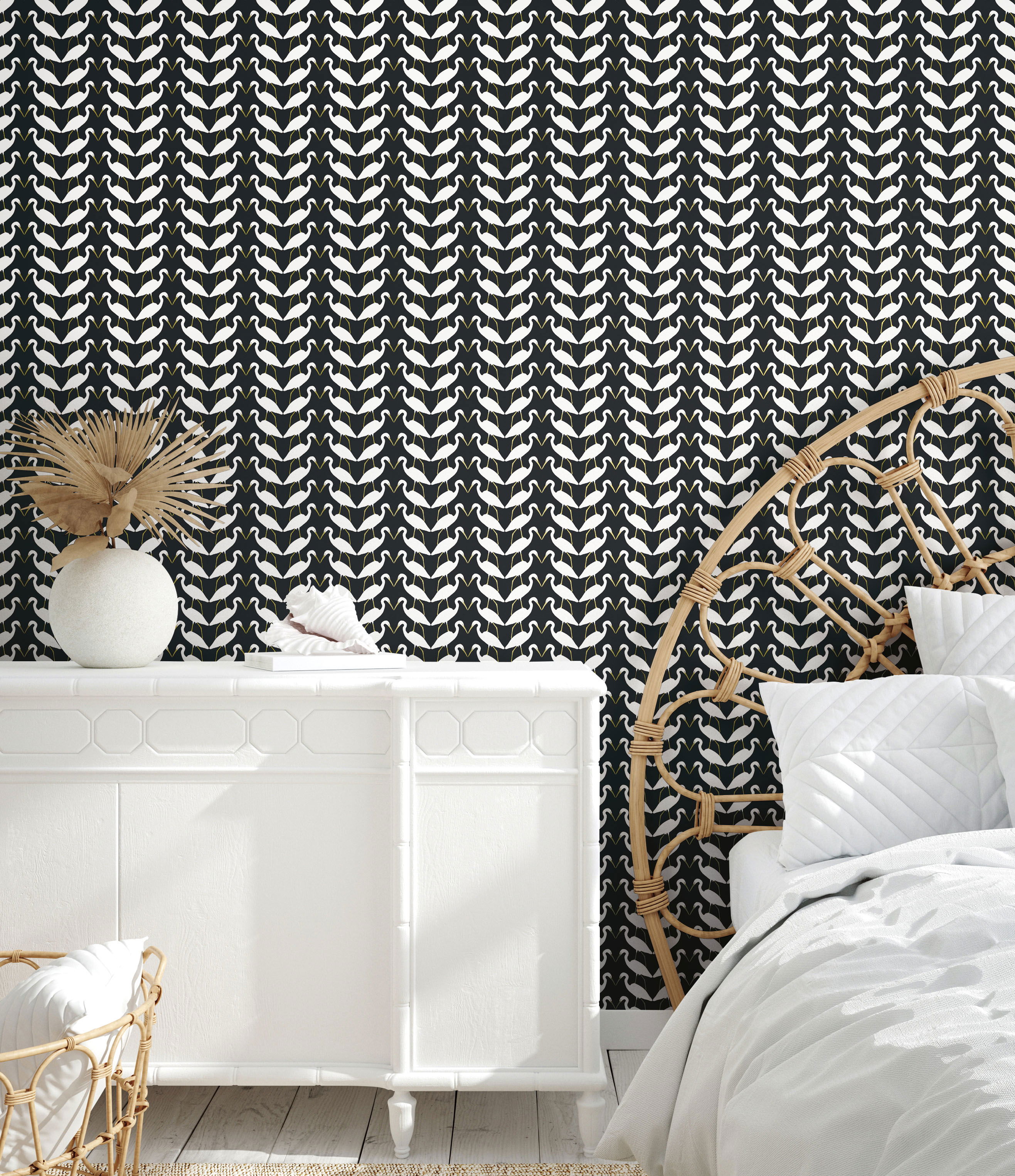 Elegant Birds Black & Gold Metallic Peel & Stick Wallpaper large image 